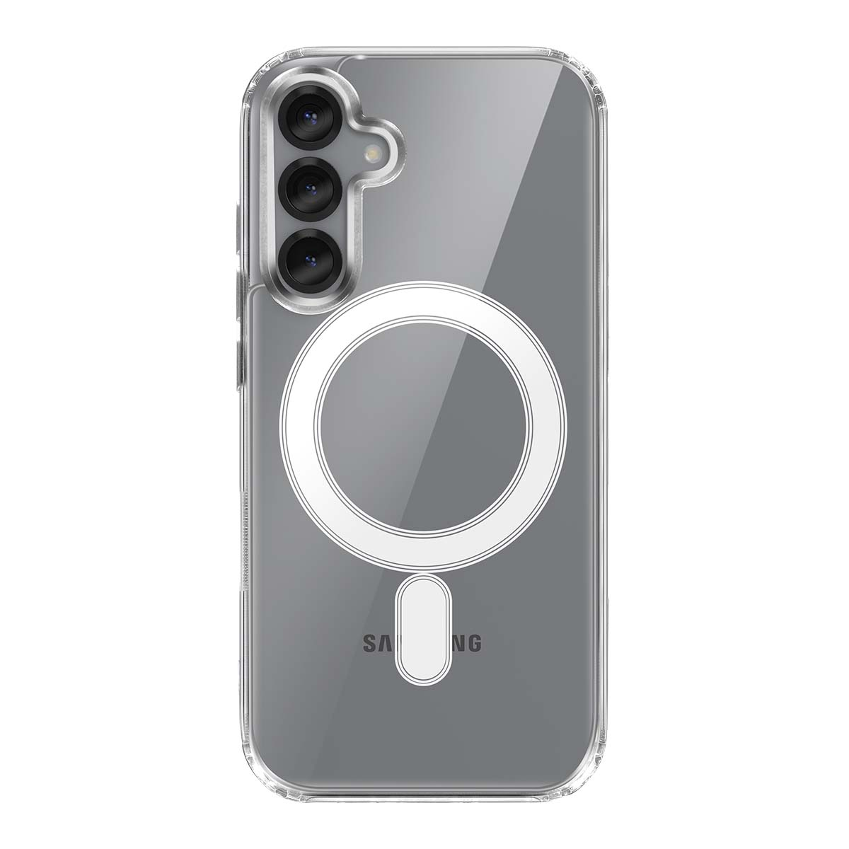 Transparente Handyhülle mit drei Kameras und einem weißen Kreis.
