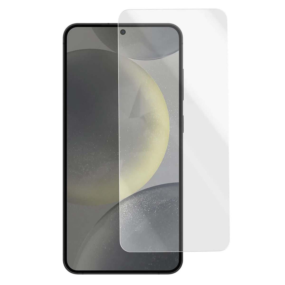 Eine durchsichtige Displayschutzfolie liegt über einem dunklen Smartphone-Bildschirm.