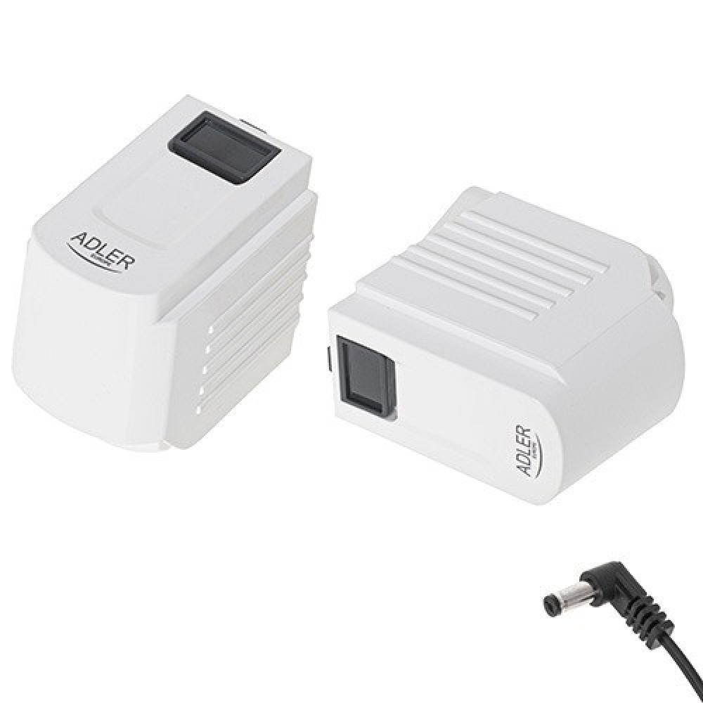 Dwa białe zasilacze Adler z czarną wtyczką i czarnym przełącznikiem.