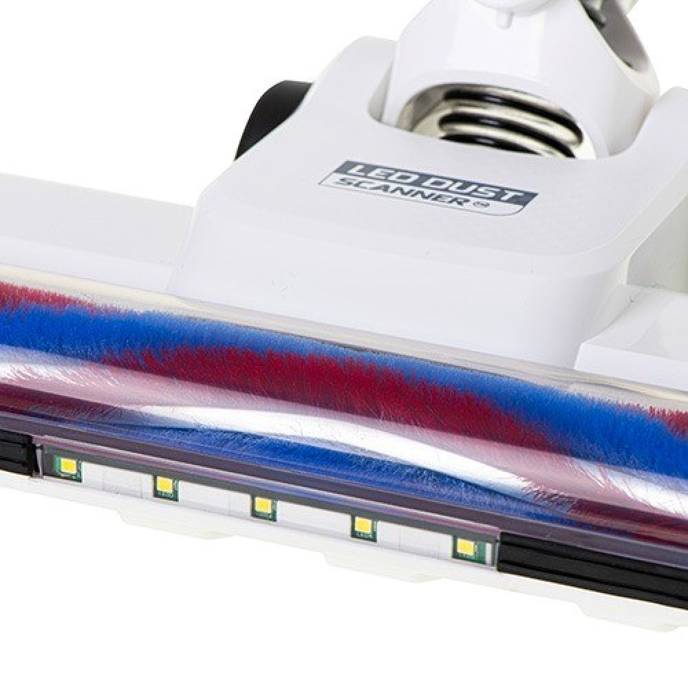 Część białej głowicy odkurzacza z niebiesko-czerwonymi szczotkami i światłami LED.