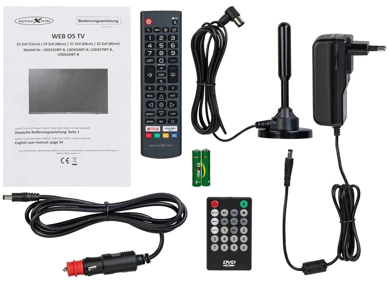 Fernbedienung, Antenne, Netzteil, Kabel, Batterien und Handbuch für einen Web OS TV.