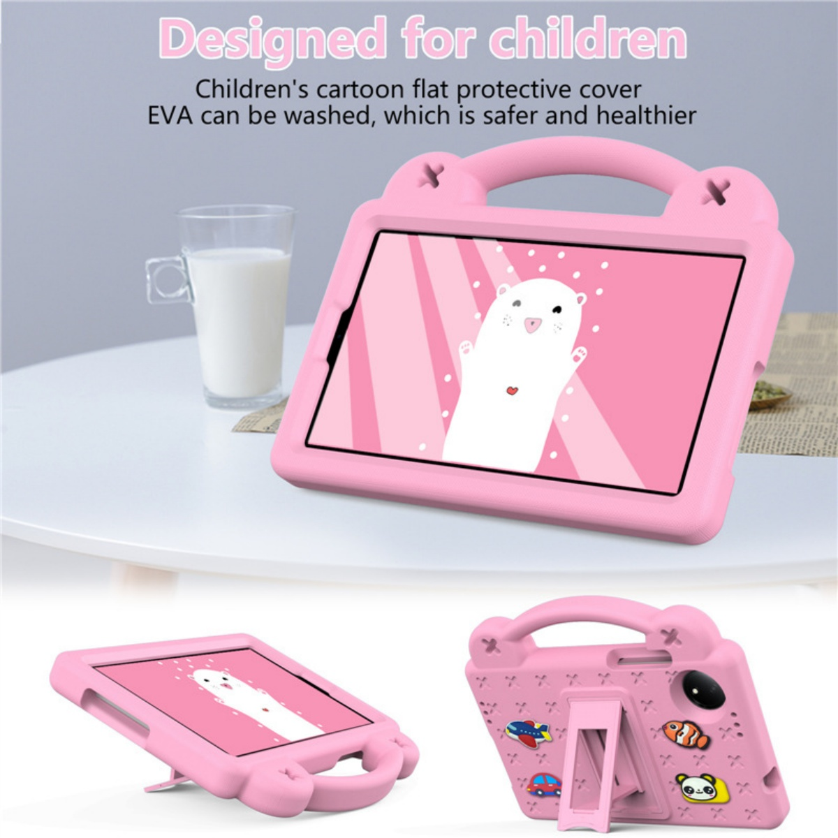Pinke Cartoon-Tablet-Hülle mit Griff, Ständer und süßer Tierbildschirm.