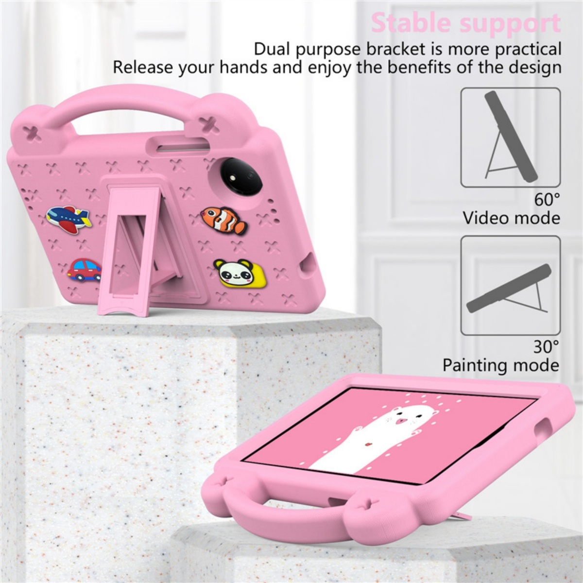 Rosa Tablet-Hülle mit Griffen und Stickern, Ständer für Video und Malerei.