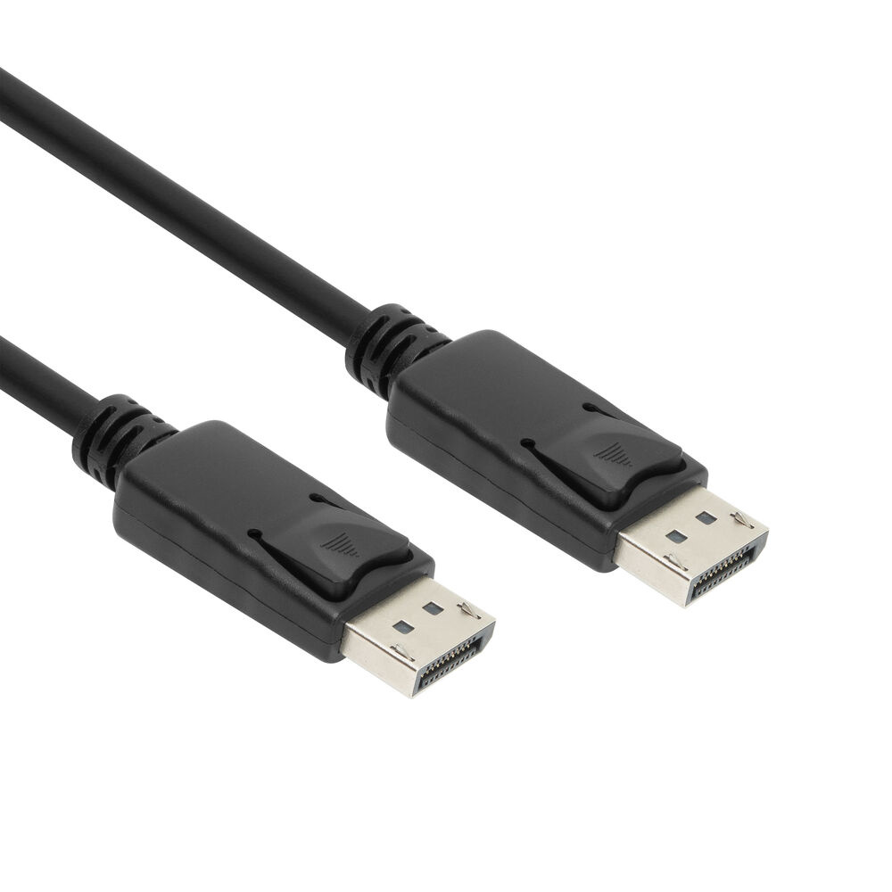 Een zwarte DisplayPort-kabel met twee connectoren op een witte achtergrond.