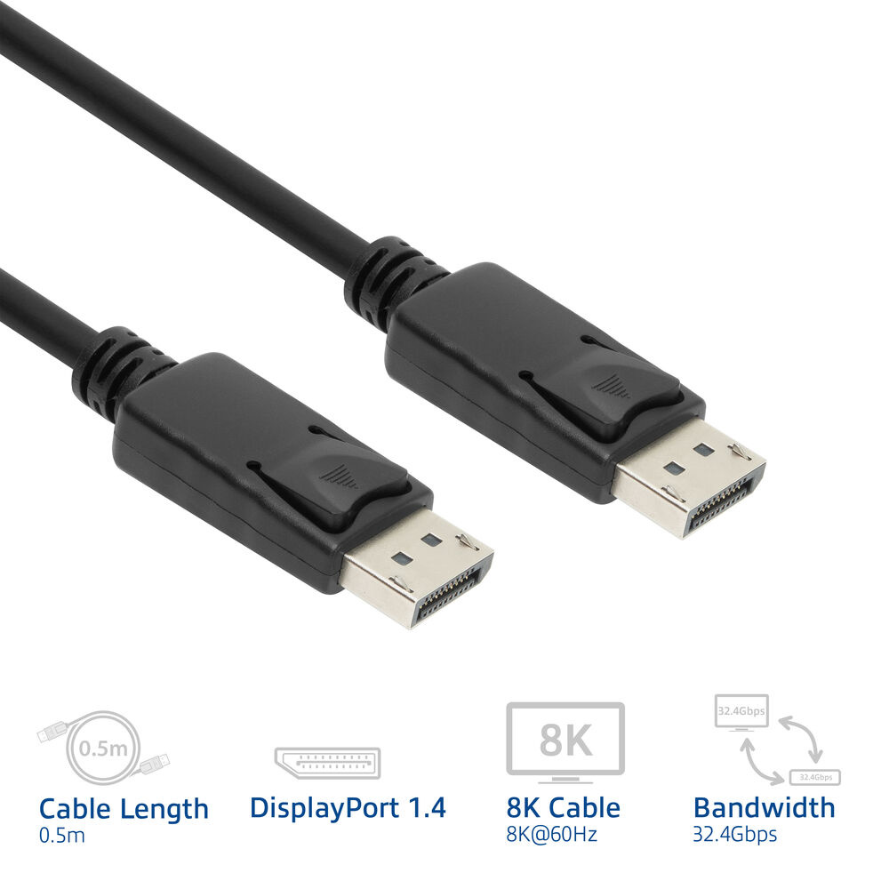 Een zwarte DisplayPort-kabel met twee DP-connectoren. Ondersteunt 8K-resolutie.