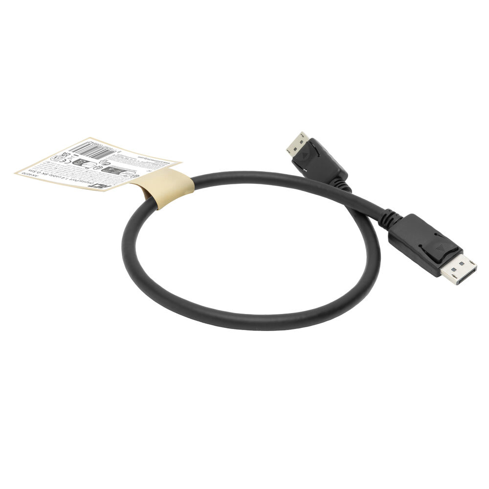 Zwarte kabel met twee DisplayPort-connectoren, op witte achtergrond.