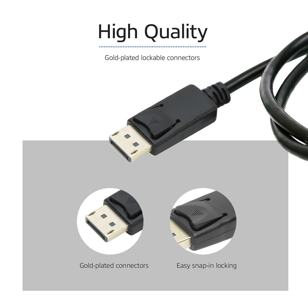Een zwarte DisplayPort-kabel met vergulde connectoren.