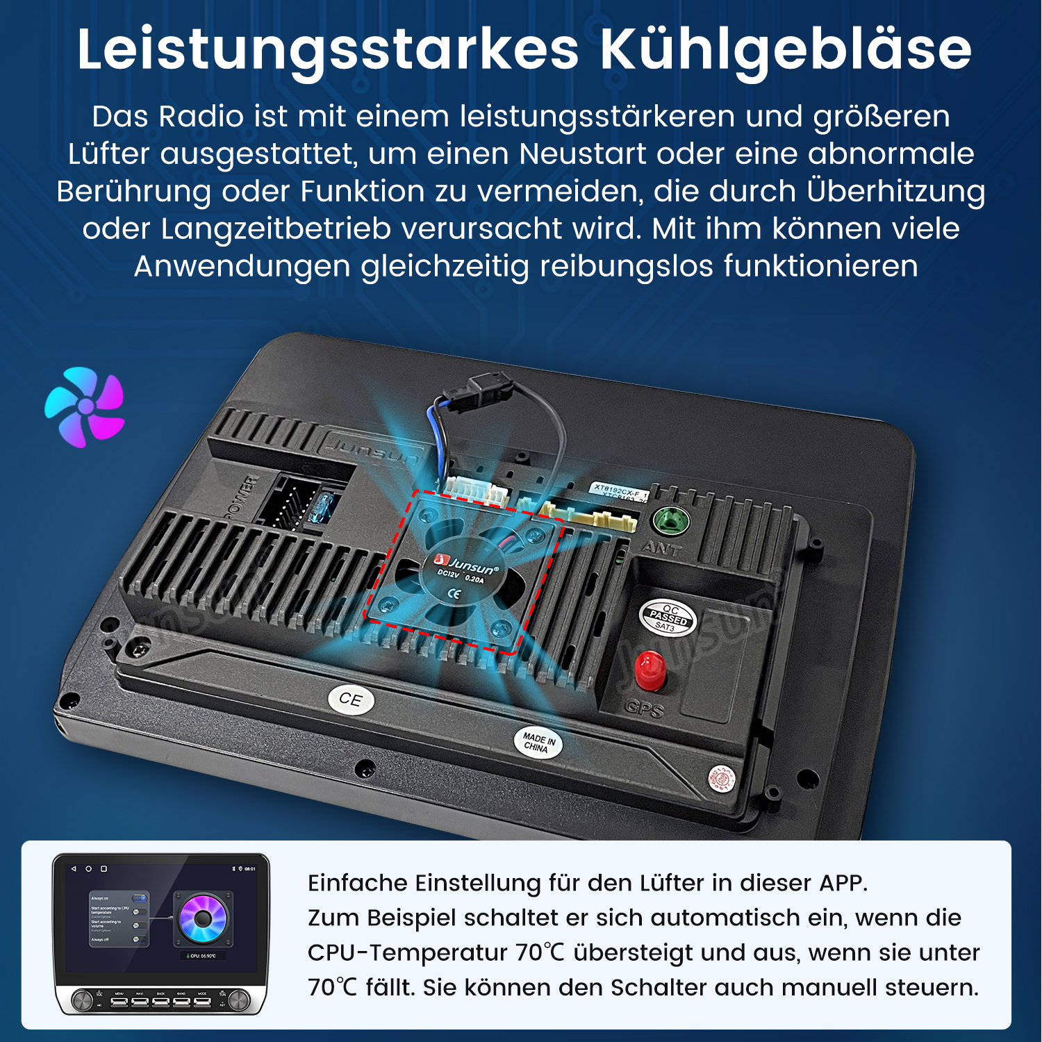 Rückseite eines Autoradios mit Lüfter. Zeigt App-Einstellungen.