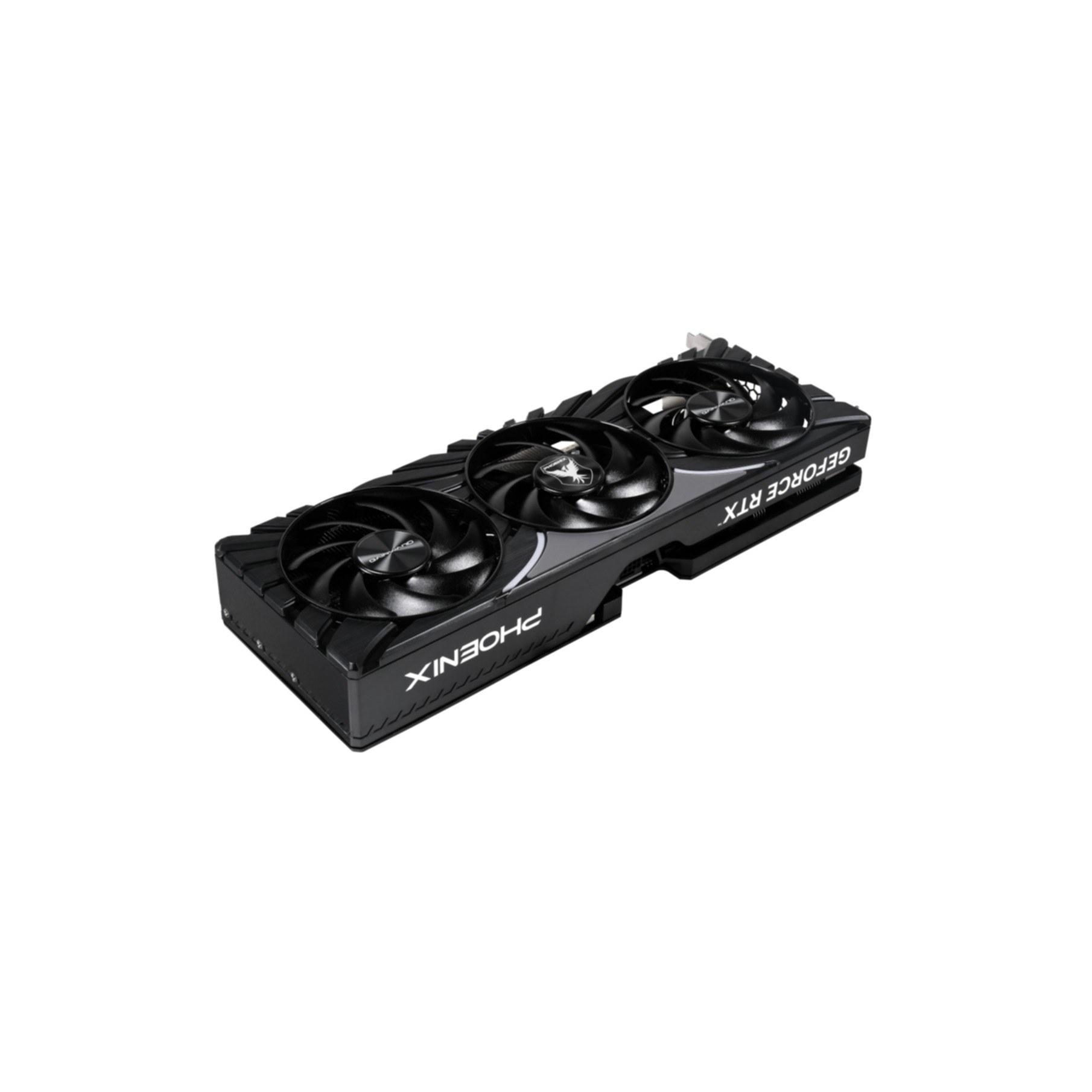 Black graphics card with three fans, labeled "GeForce RTX".