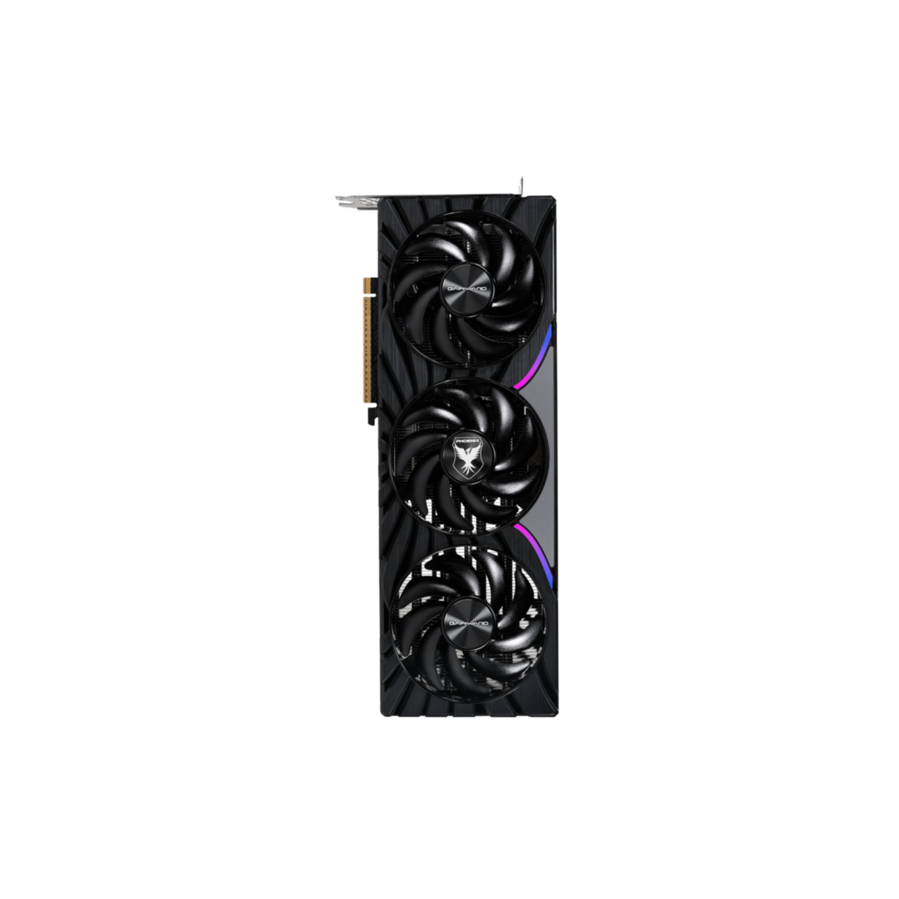 Black graphics card with three fans and RGB lighting detail.