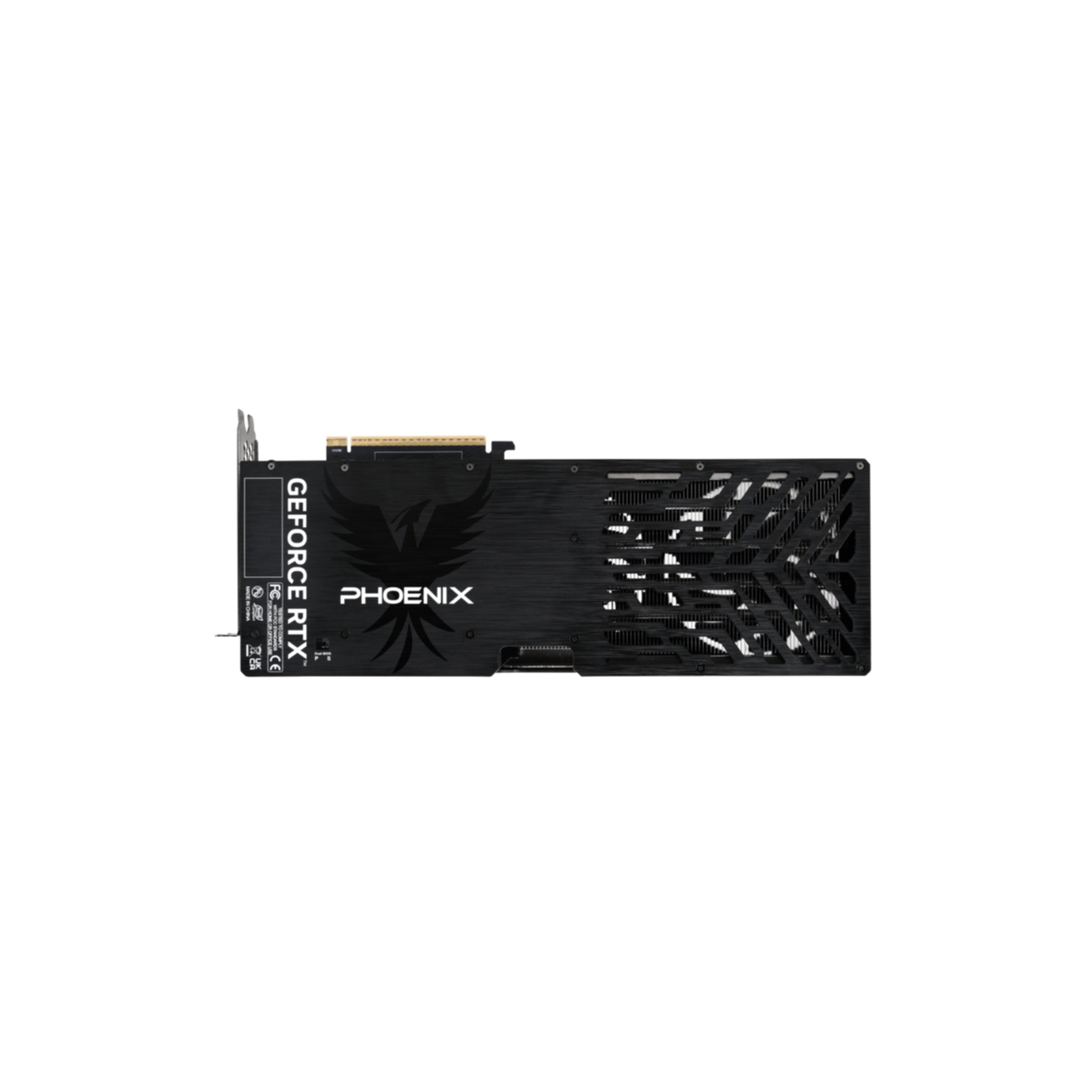 Black graphics card with silver 'GEFORCE RTX' text and a stylized phoenix logo.
