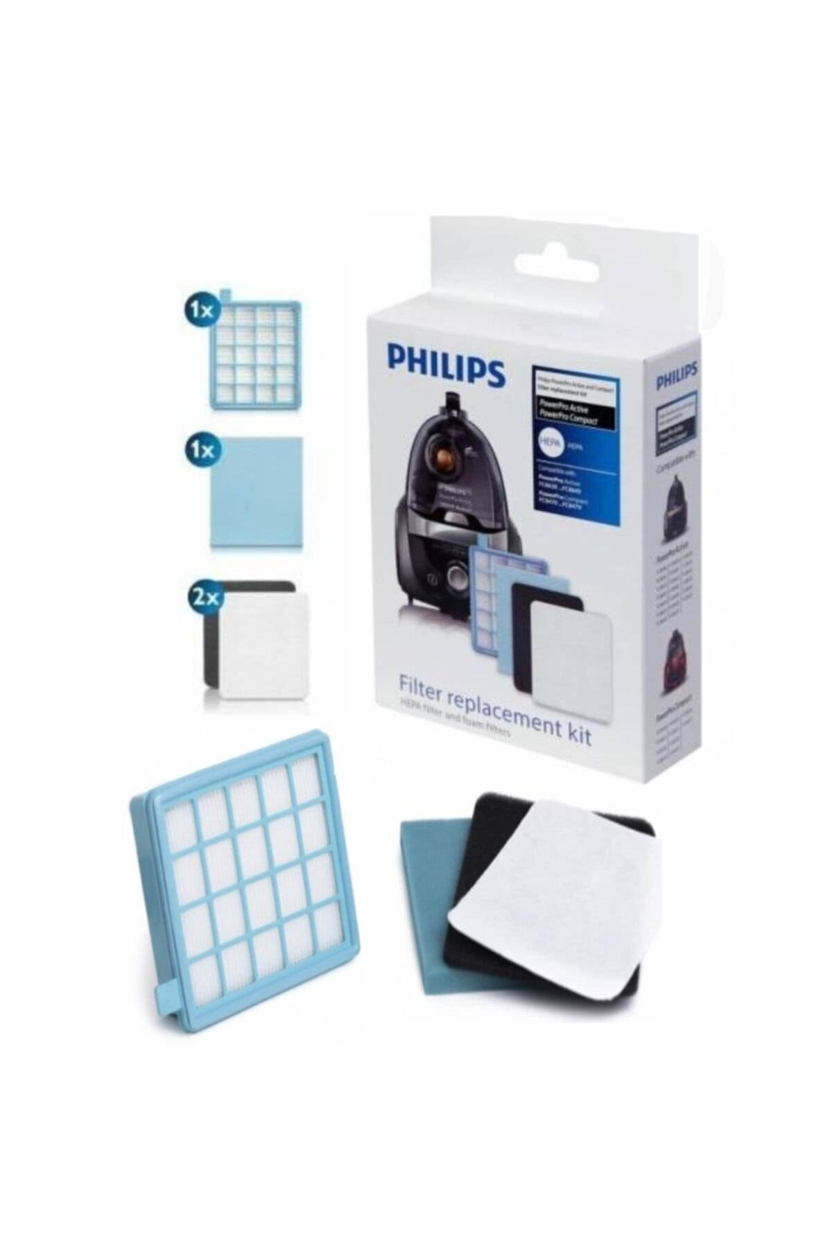 Philips elektrikli süpürge filtre seti HEPA ve sünger filtreli, beyaz arka planlı.