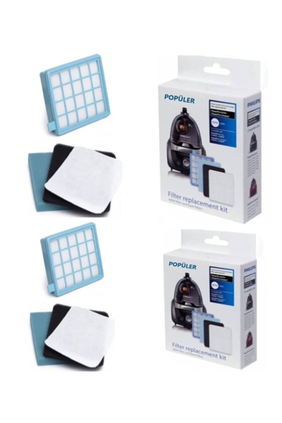 Philips süpürgeler için iki filtre değişim kiti. Mavi ve beyaz filtreler.