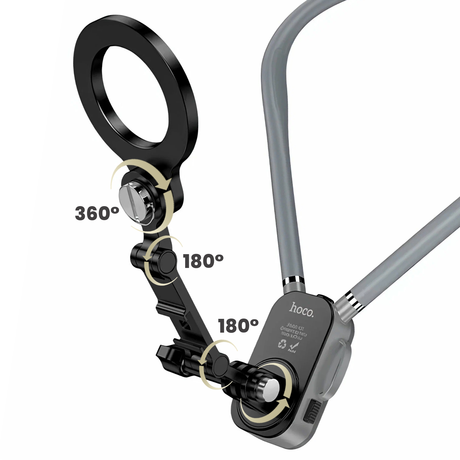 Un anello nero e bracci articolati con angoli 360°, 180°, 180°.