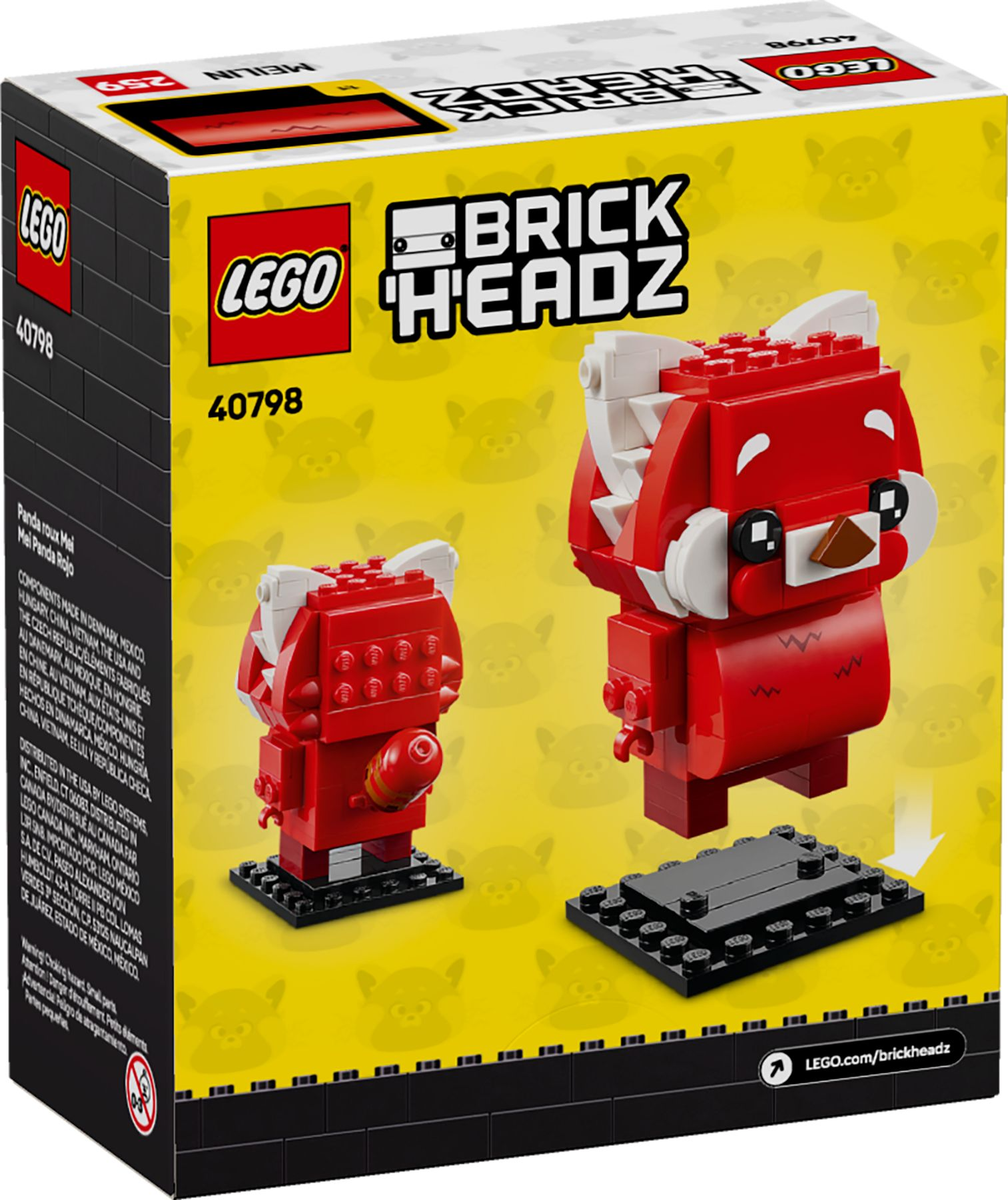 LEGO BrickHeadz Set 40798 mit rotem Panda und kleinem Freund auf gelbem Karton.