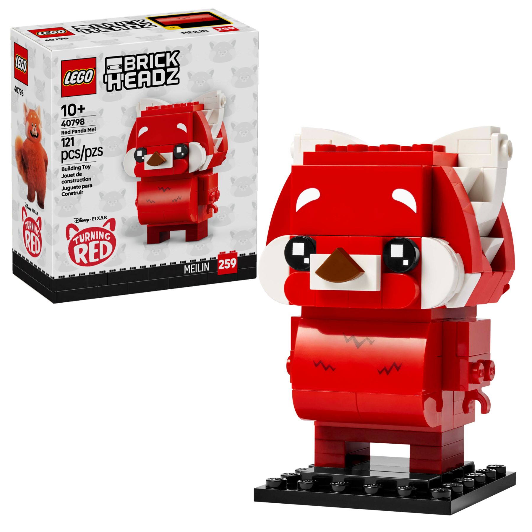 LEGO BrickHeadz von Mei als roter Panda mit Box. Weißer Hintergrund.
