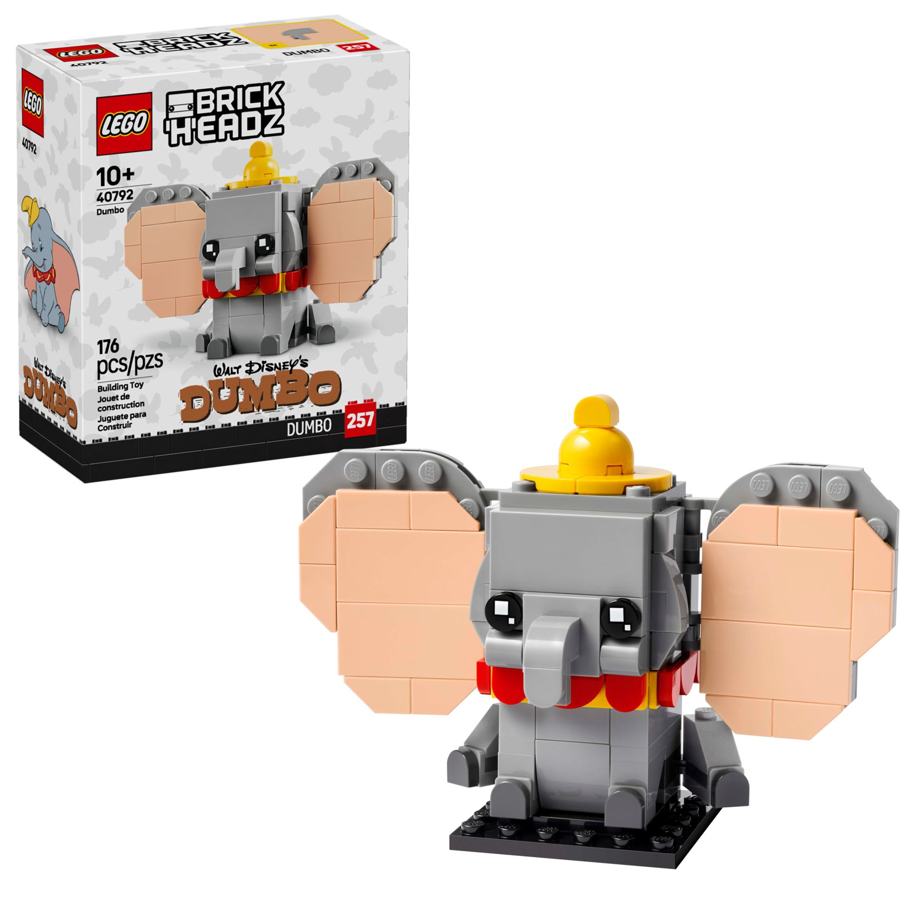 LEGO BrickHeadz Dumbo Bauspielzeug-Set mit Box. Grauer Elefant mit großen hellbraunen Ohren.