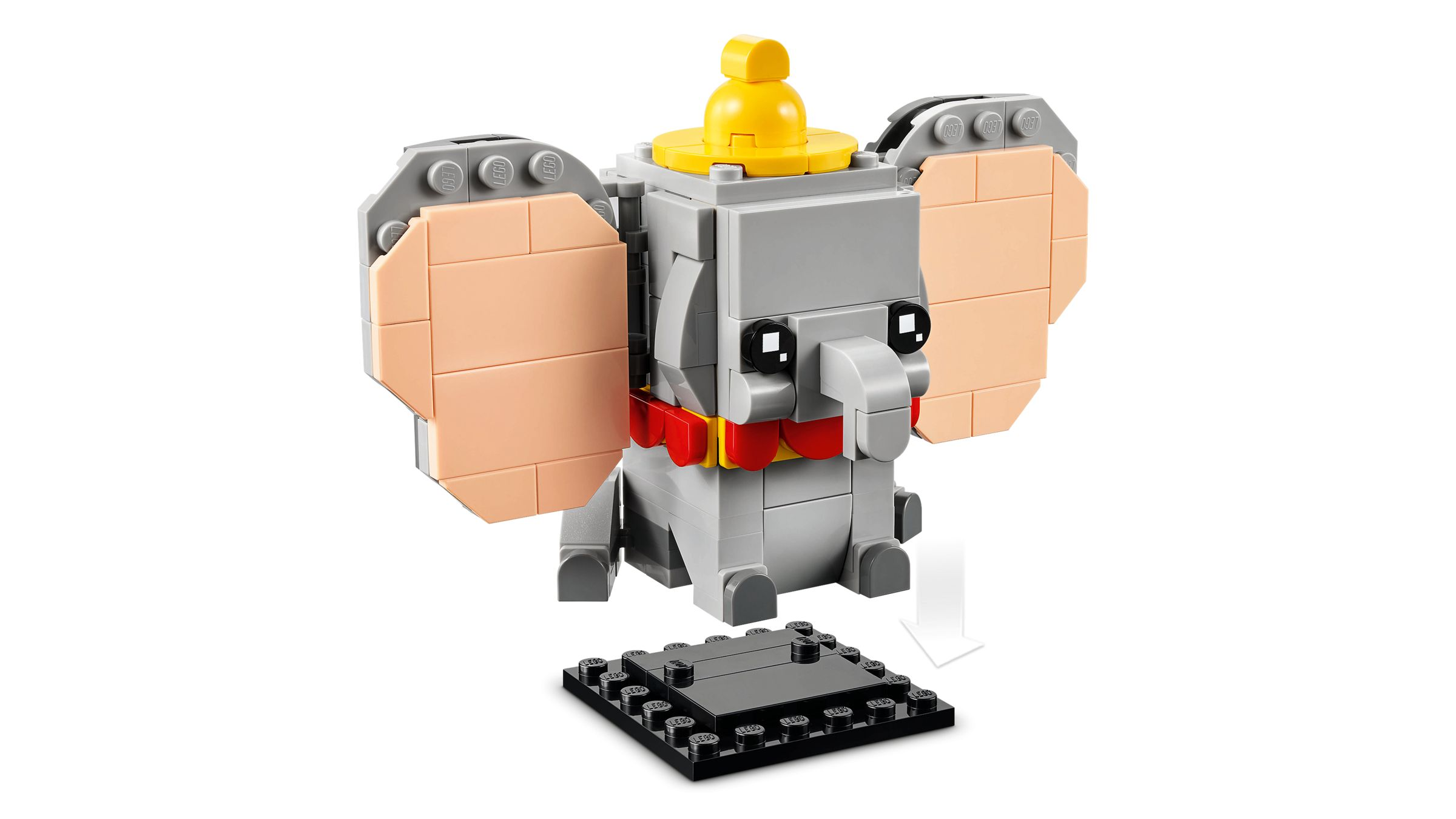 Graues Lego-Elefanten-Set mit rosa Ohren, rotem Kragen und gelber Kappe.