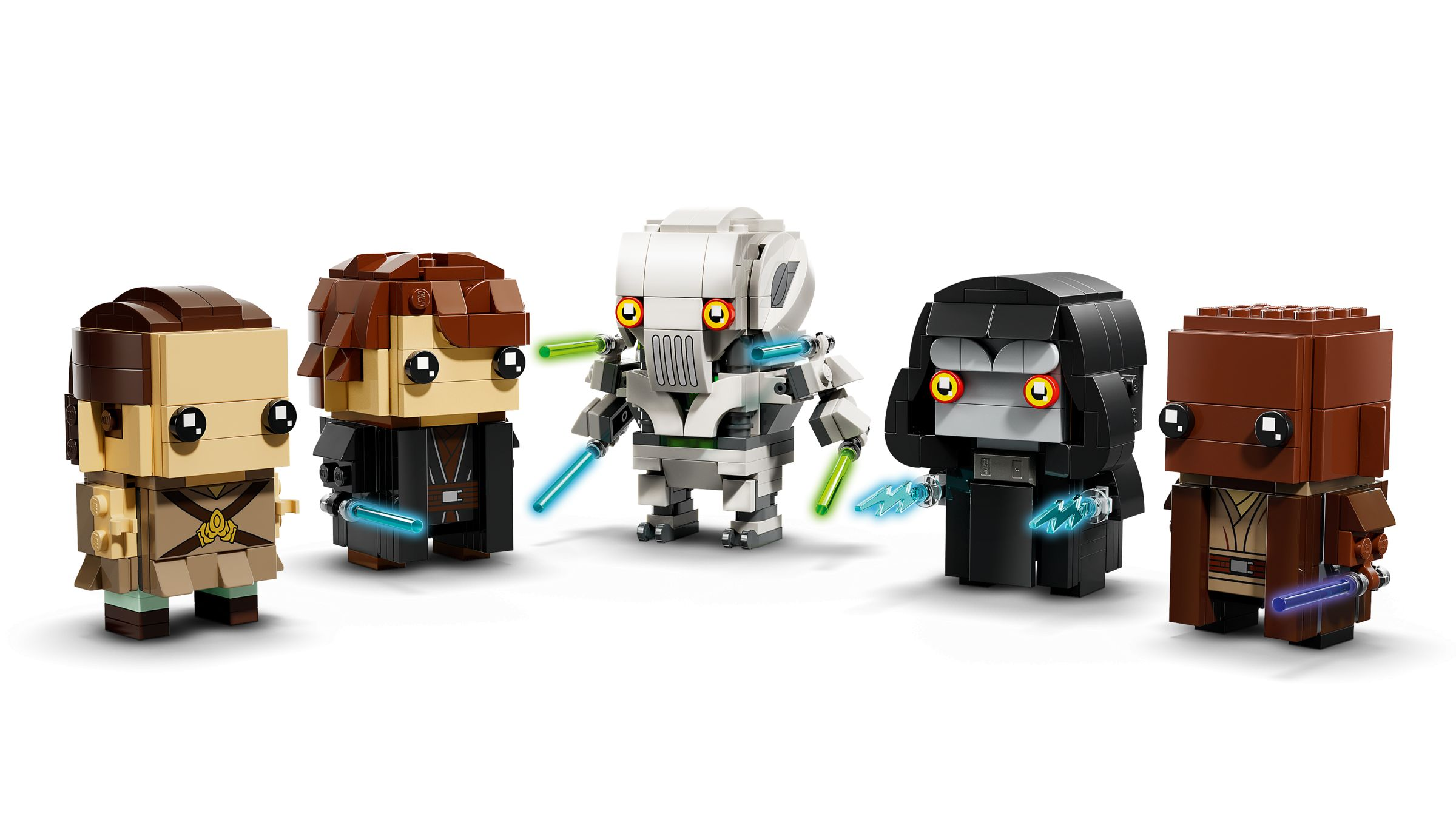Beyaz arka planda kılıç tutan beş Star Wars Lego figürü.