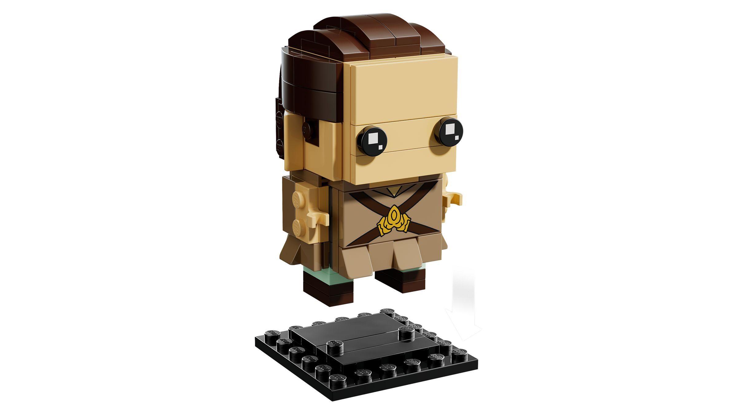 Altın amblemli kahverengi kıyafetli Lego minifigür karakteri, siyah zemin üzerinde.