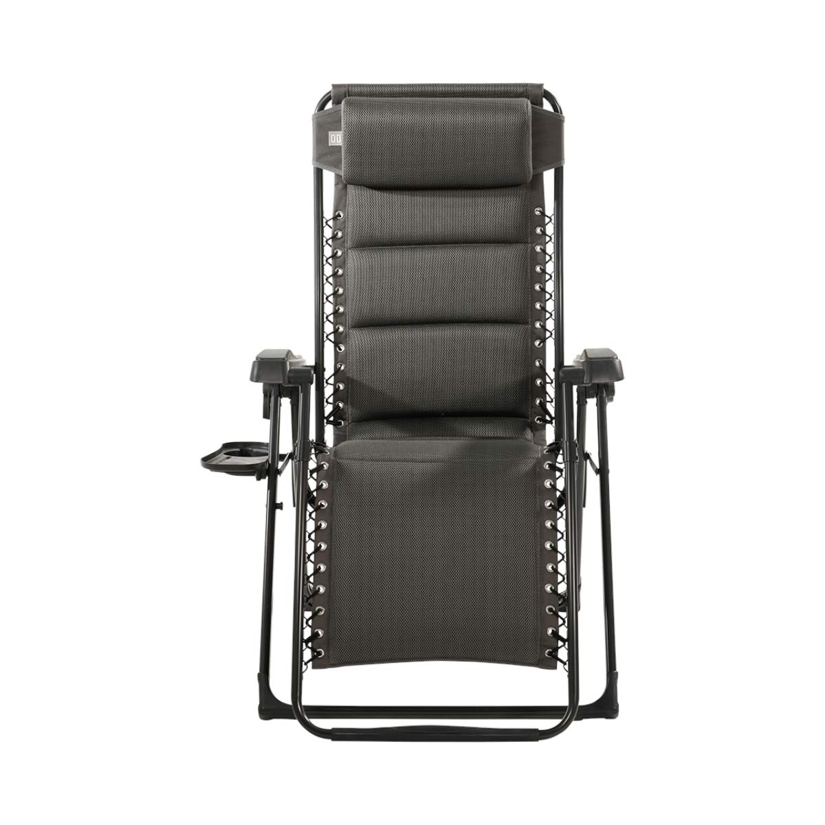 Gray zero gravity chair with headrest and cup holder, isolated.