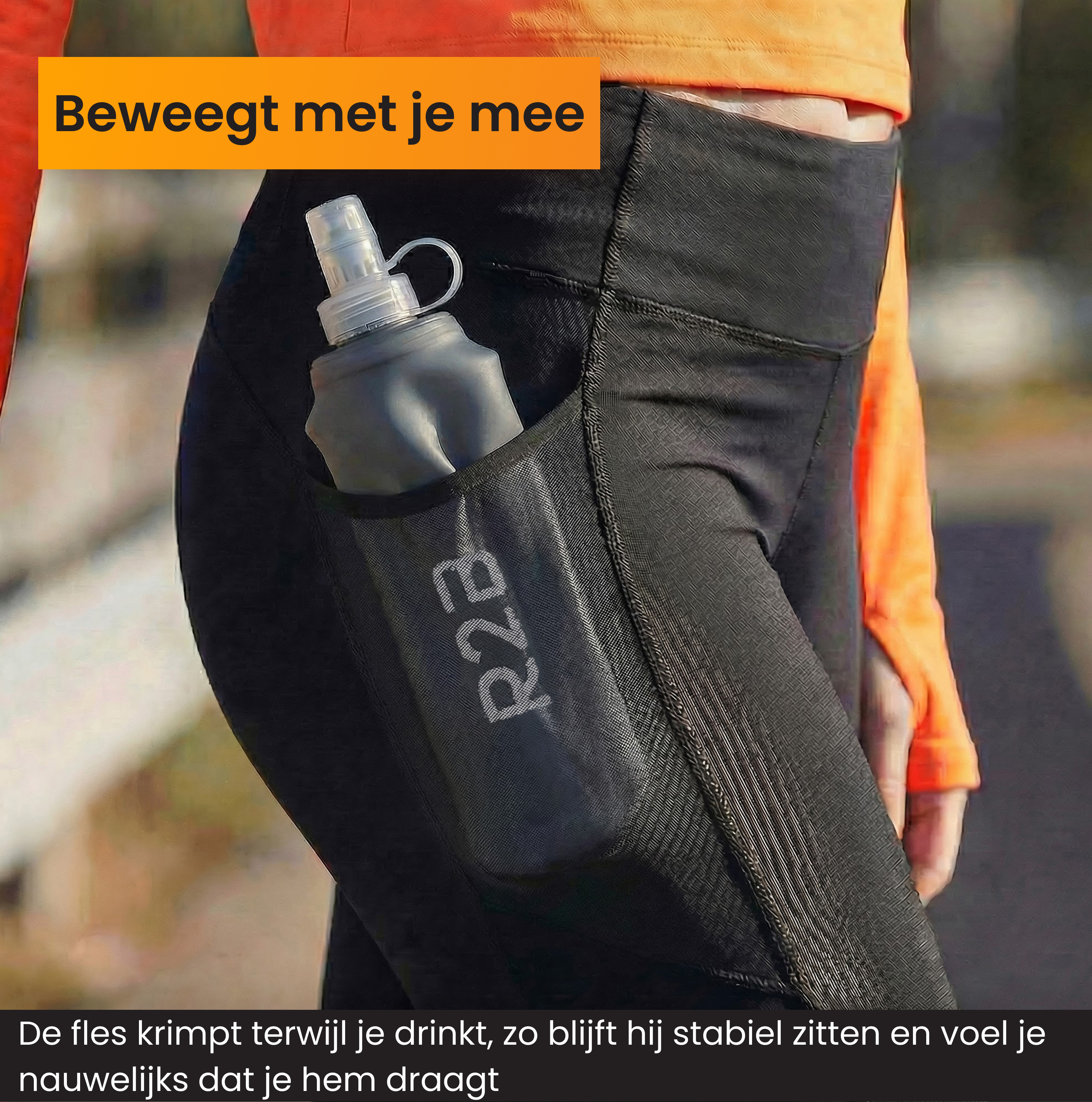 Une gourde grise est dans la poche d'une femme portant des vêtements de sport orange.