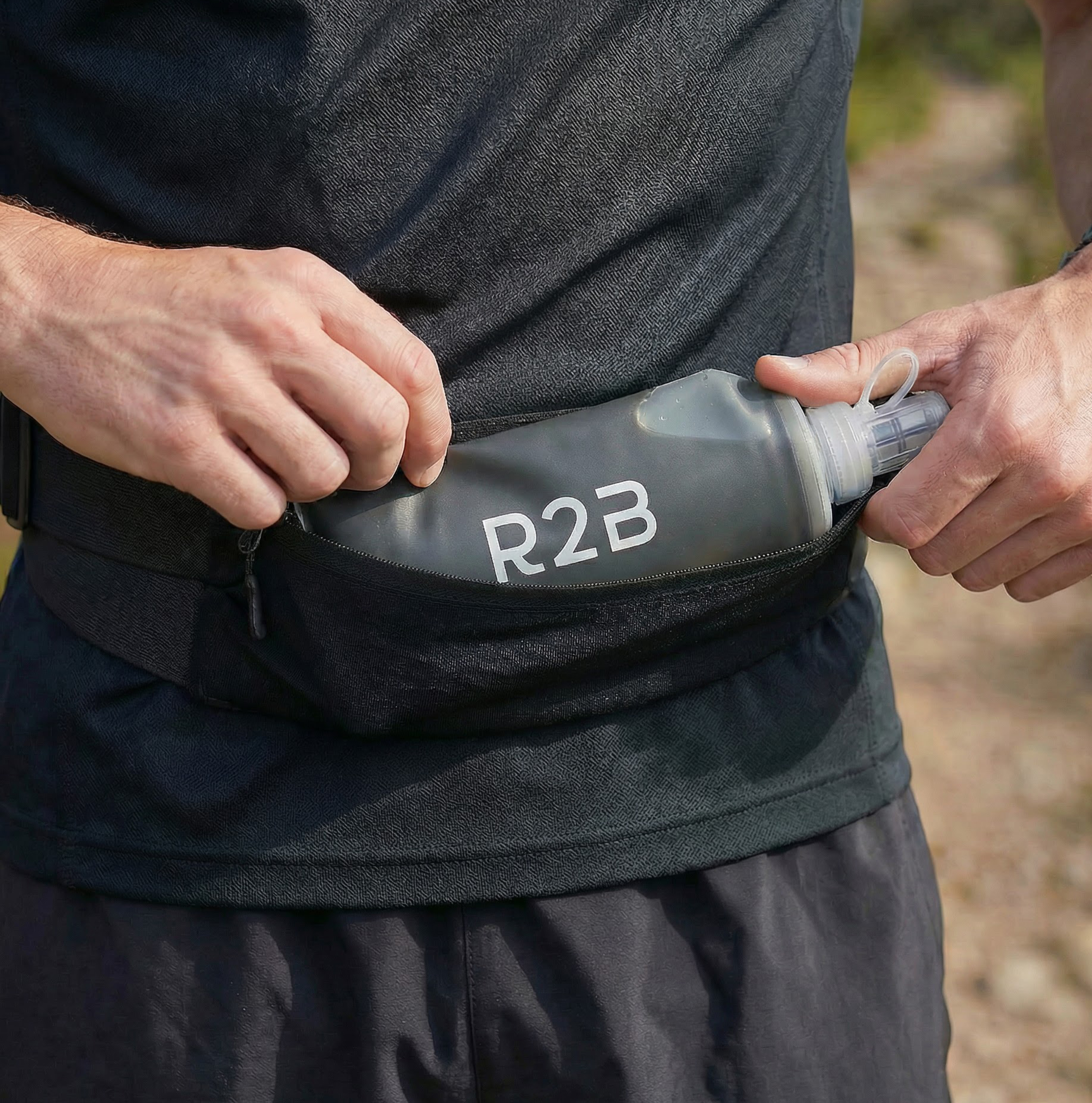 Une personne sort une gourde R2B grise d'une sacoche de ceinture noire.