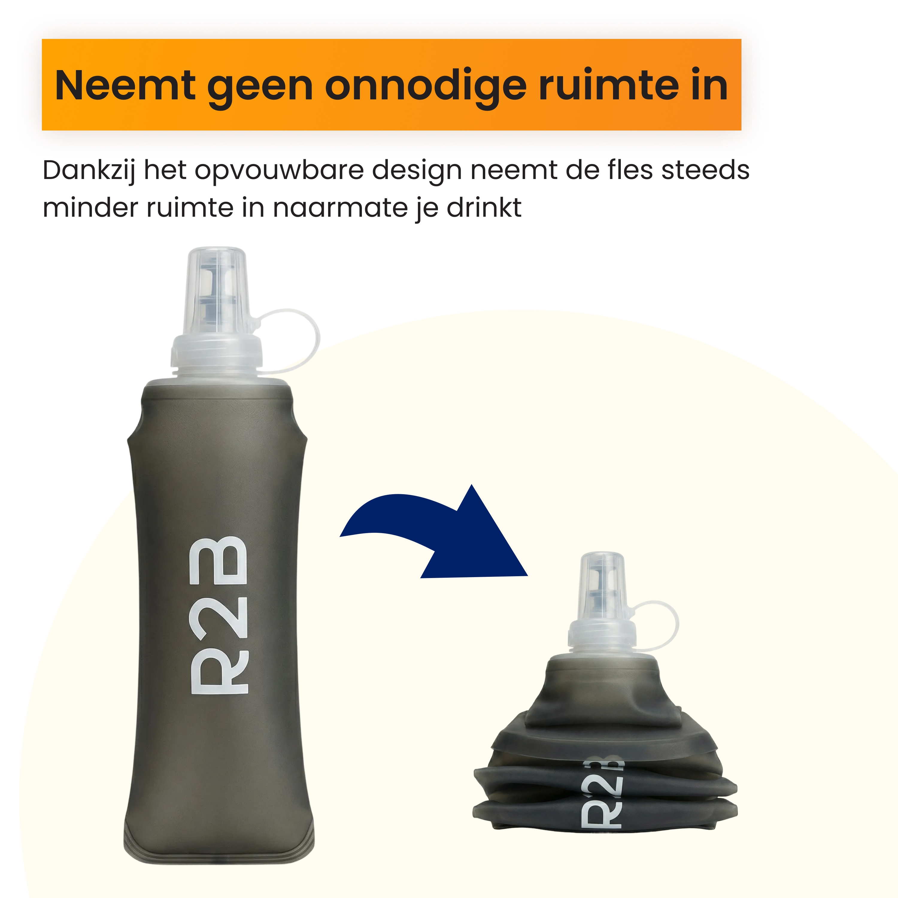 Une gourde grise pliable R2B rétrécit lorsqu'elle est vide.