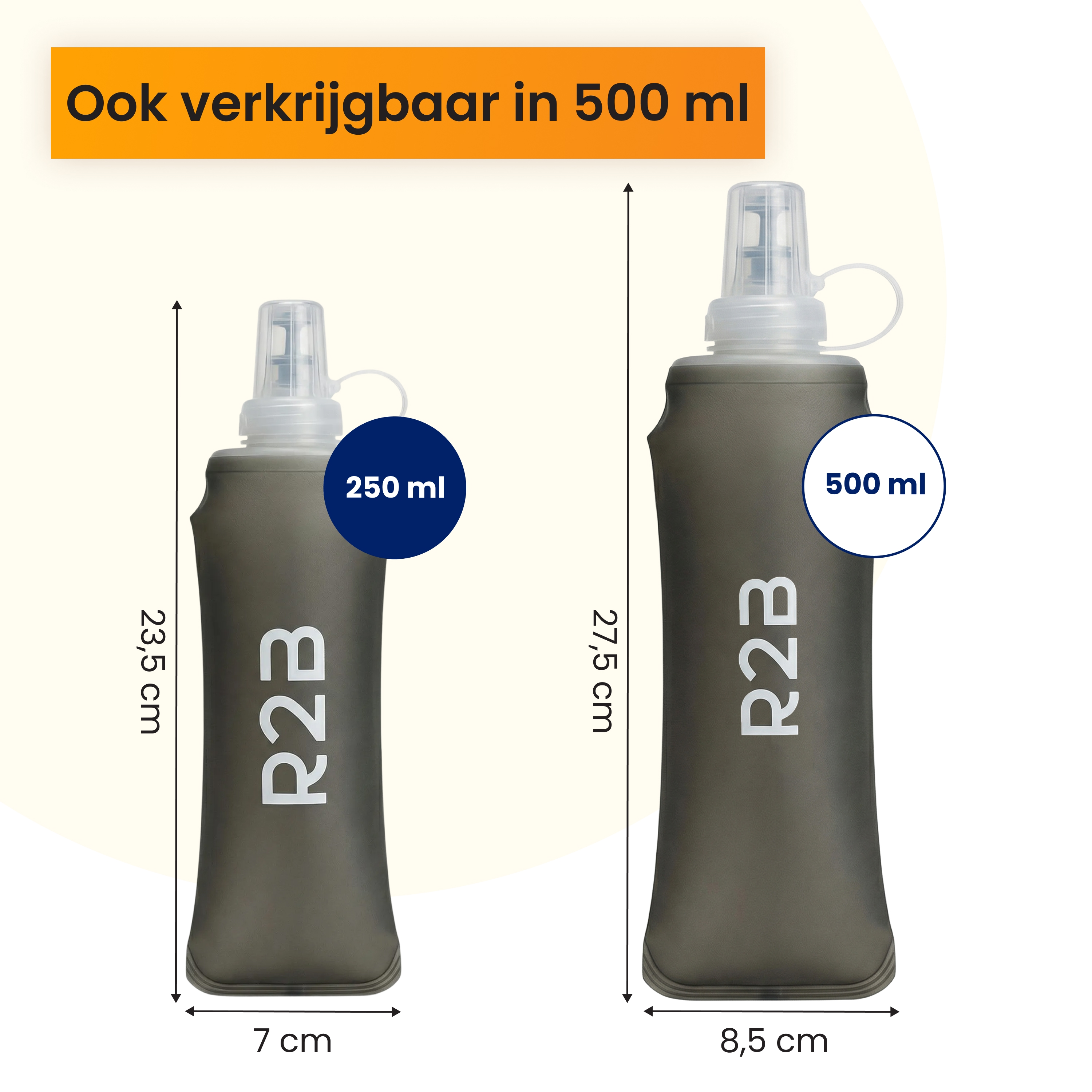 Deux gourdes R2B grises, 250ml et 500ml, avec dimensions.