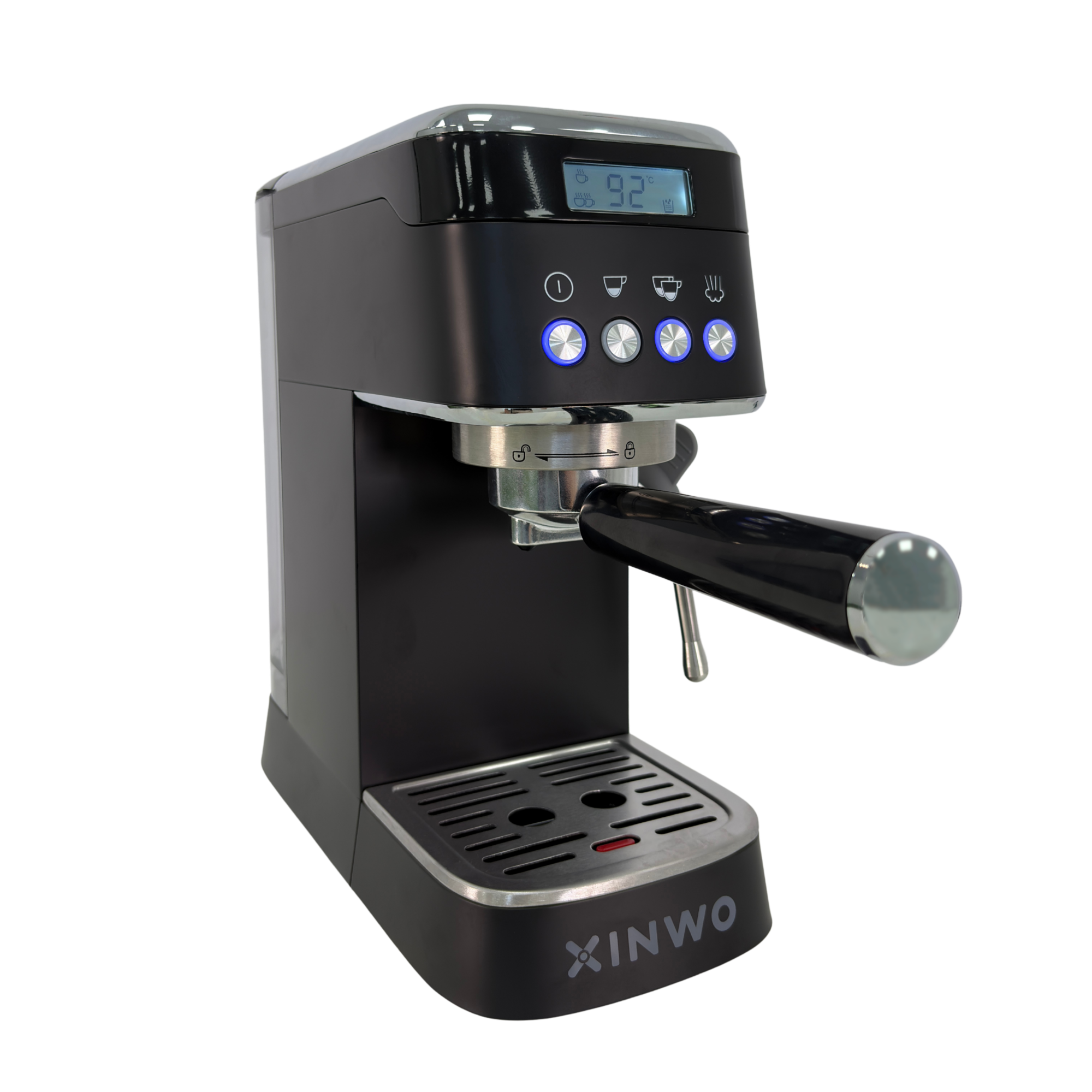Máquina de espresso negra con pantalla digital y detalles cromados, sobre fondo negro.