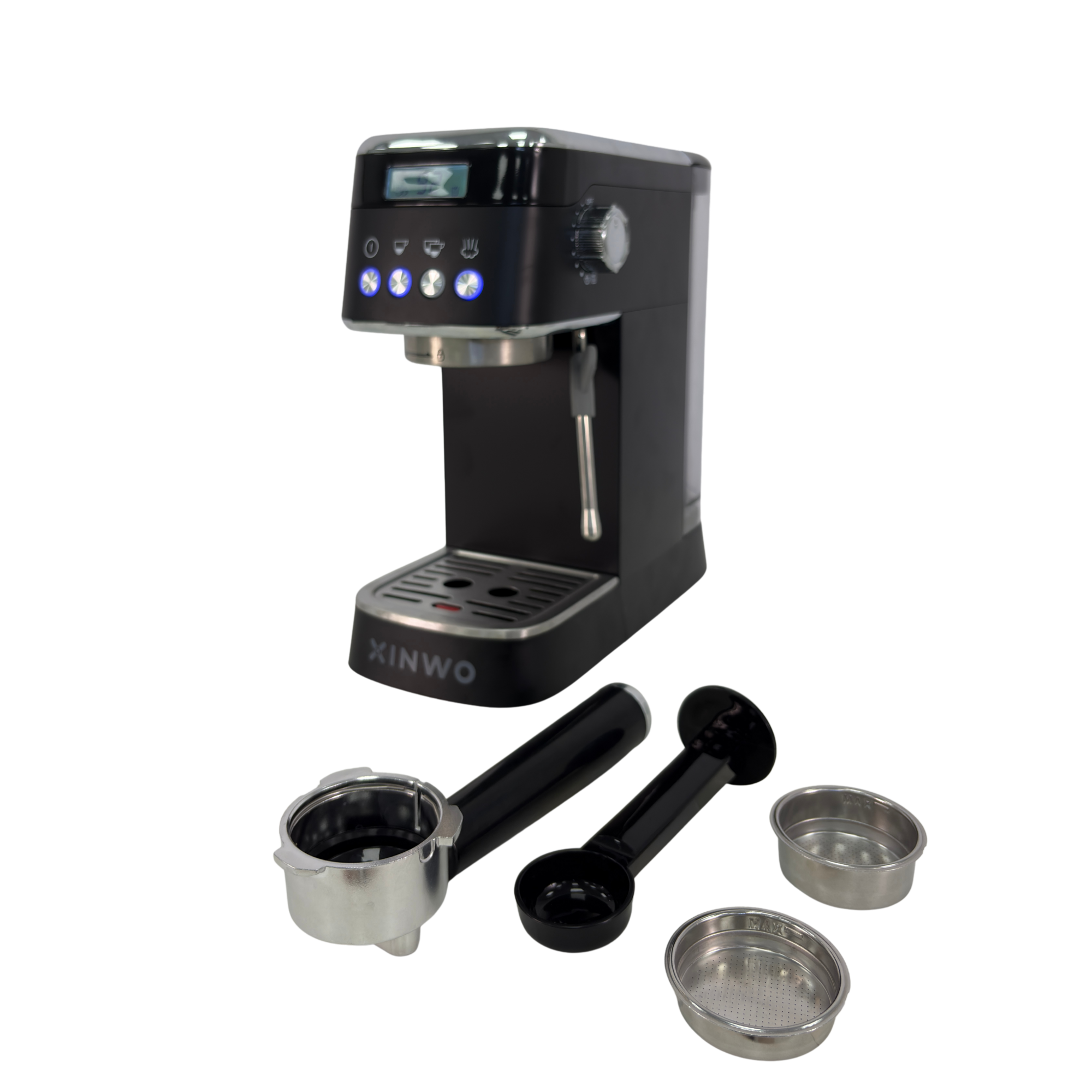 Máquina de espresso negra con accesorios: portafiltro, cuchara, filtros.