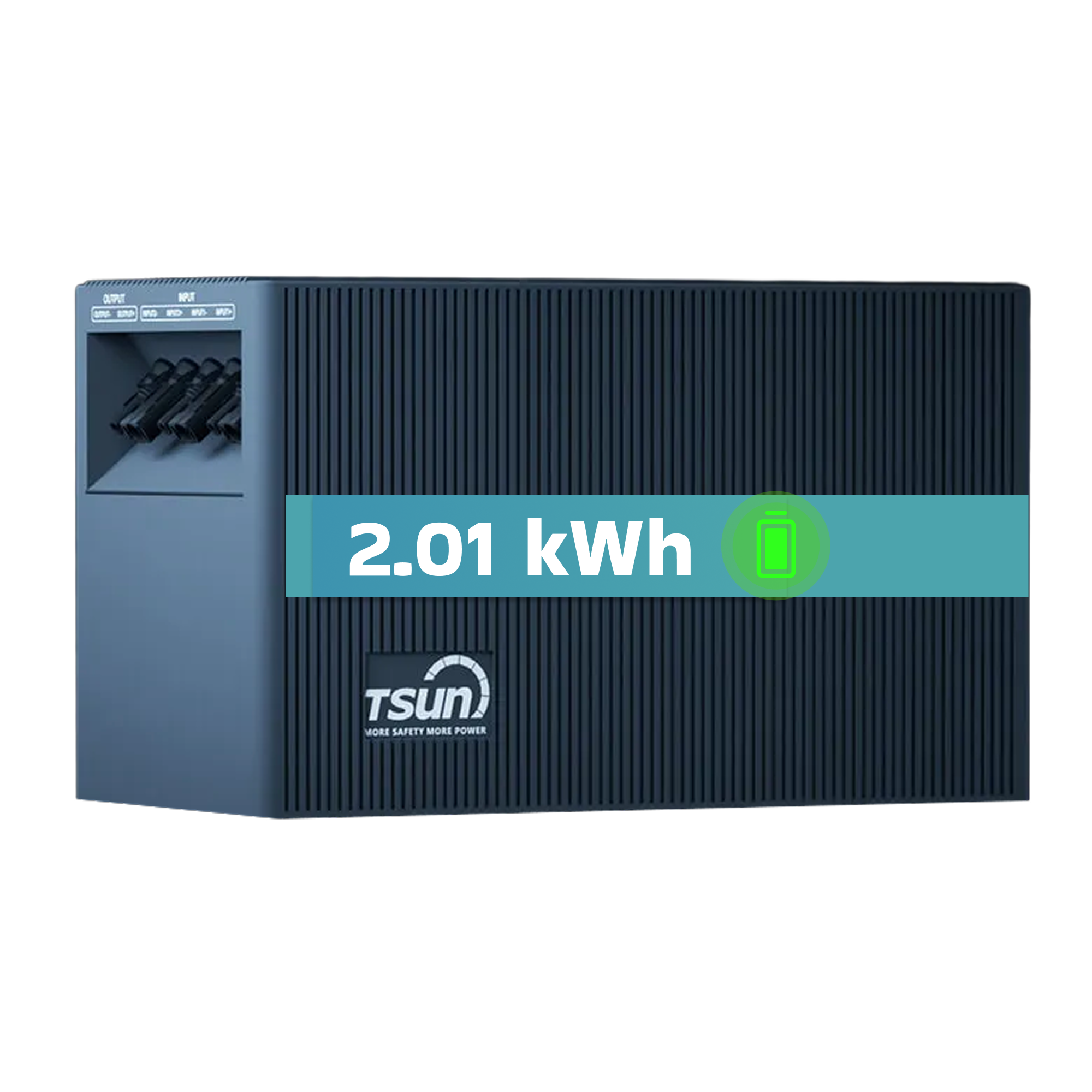 Dunkelblaues Kraftwerk mit Anschlüssen, 2.01 kWh Anzeige und Logo.