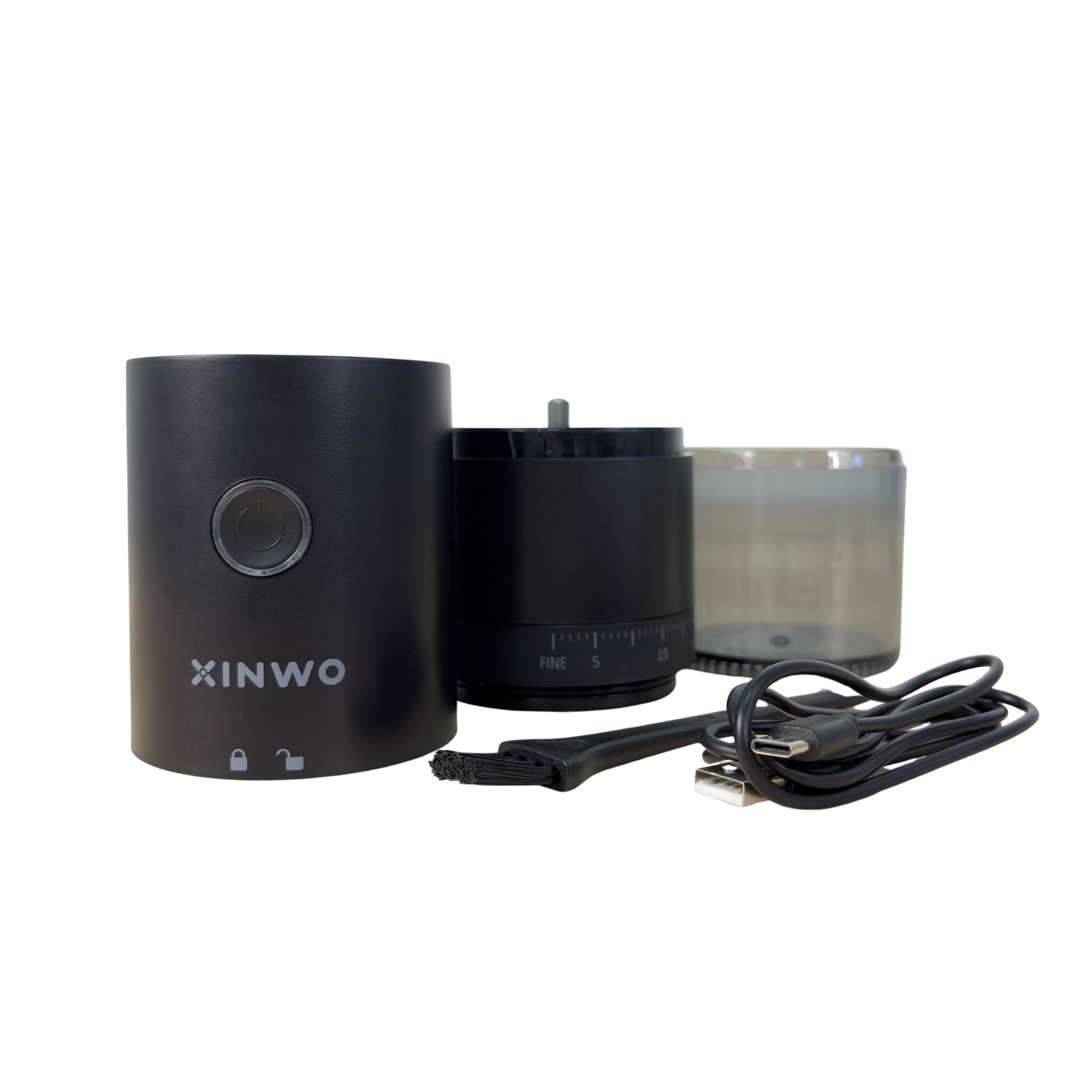 Accesorio de molinillo de café Xinwo negro con cable USB-C y cepillo.