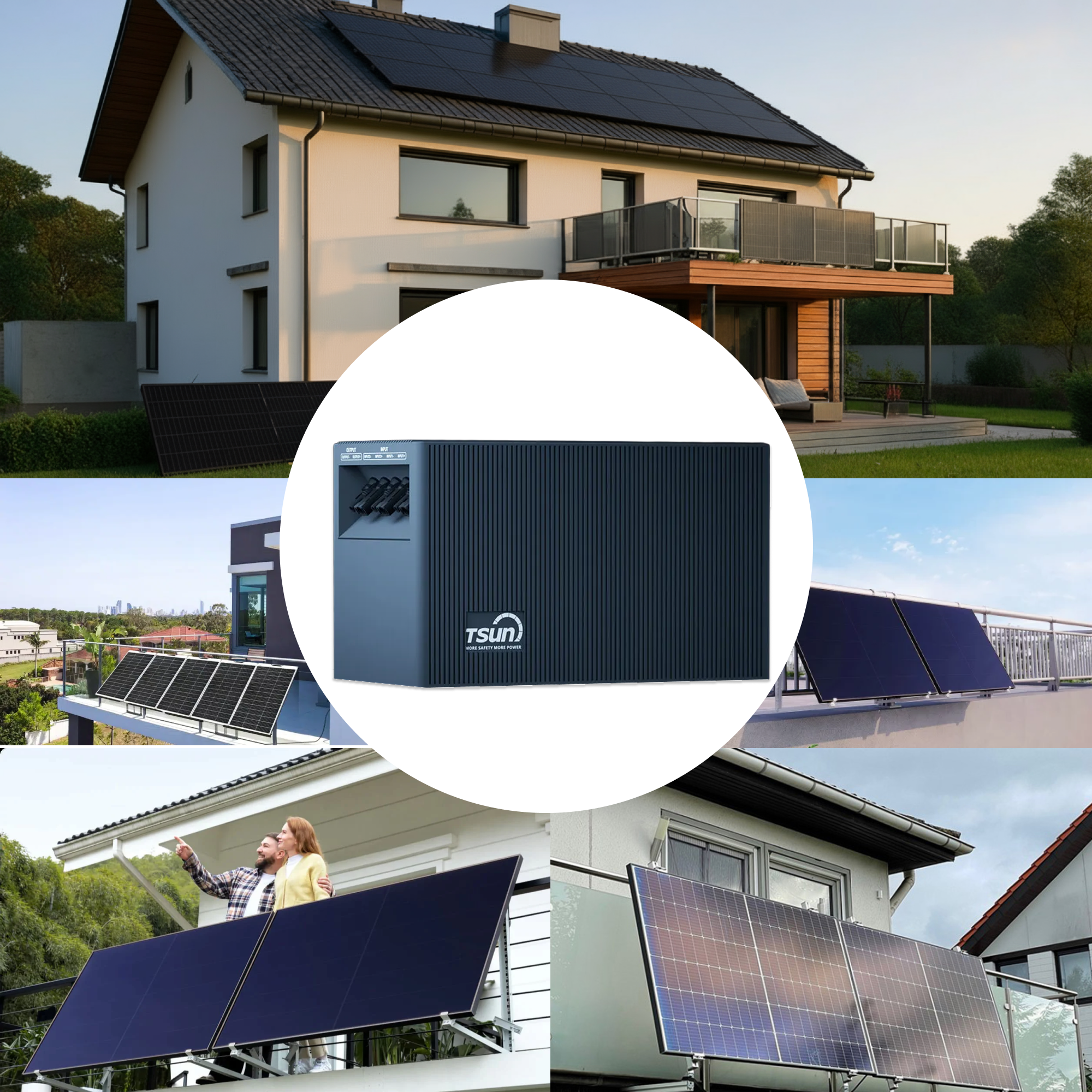 Collage mit Solarmodulen auf Dächern und Balkonen sowie einem Wechselrichter.