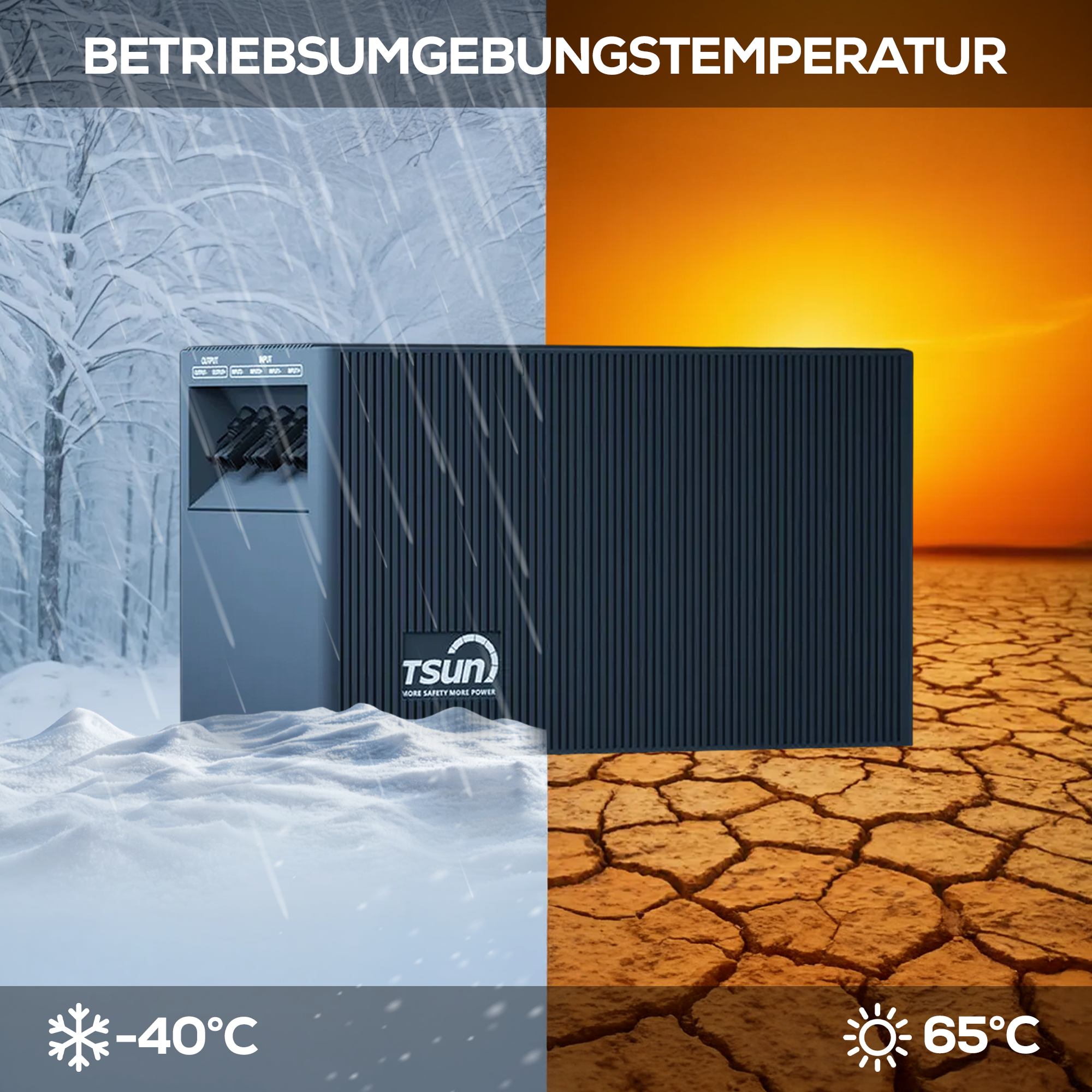 Gerät bei -40°C im Schnee und 65°C in der Wüste.