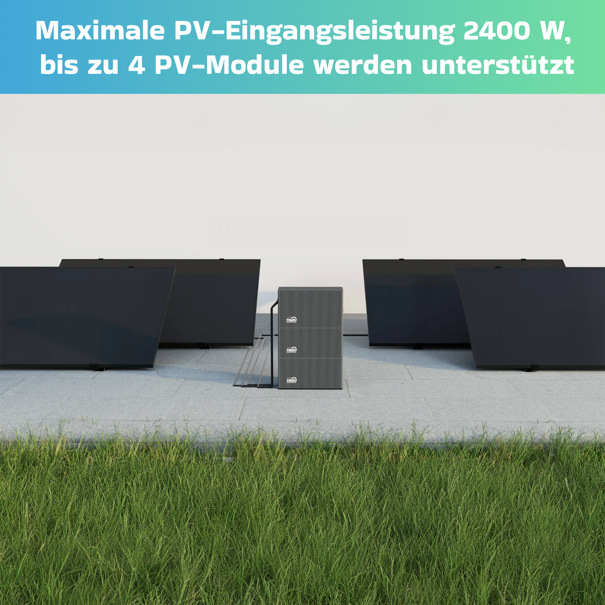 Grauer Kasten mit drei Ebenen und vier schwarzen Solarmodulen auf Gehweg.