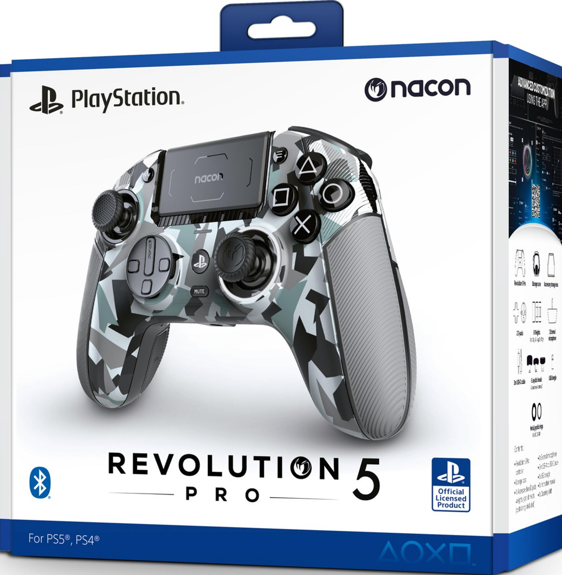 PlayStation Revolution 5 Pro Controller in Camouflage-Design auf weißer Verpackung.
