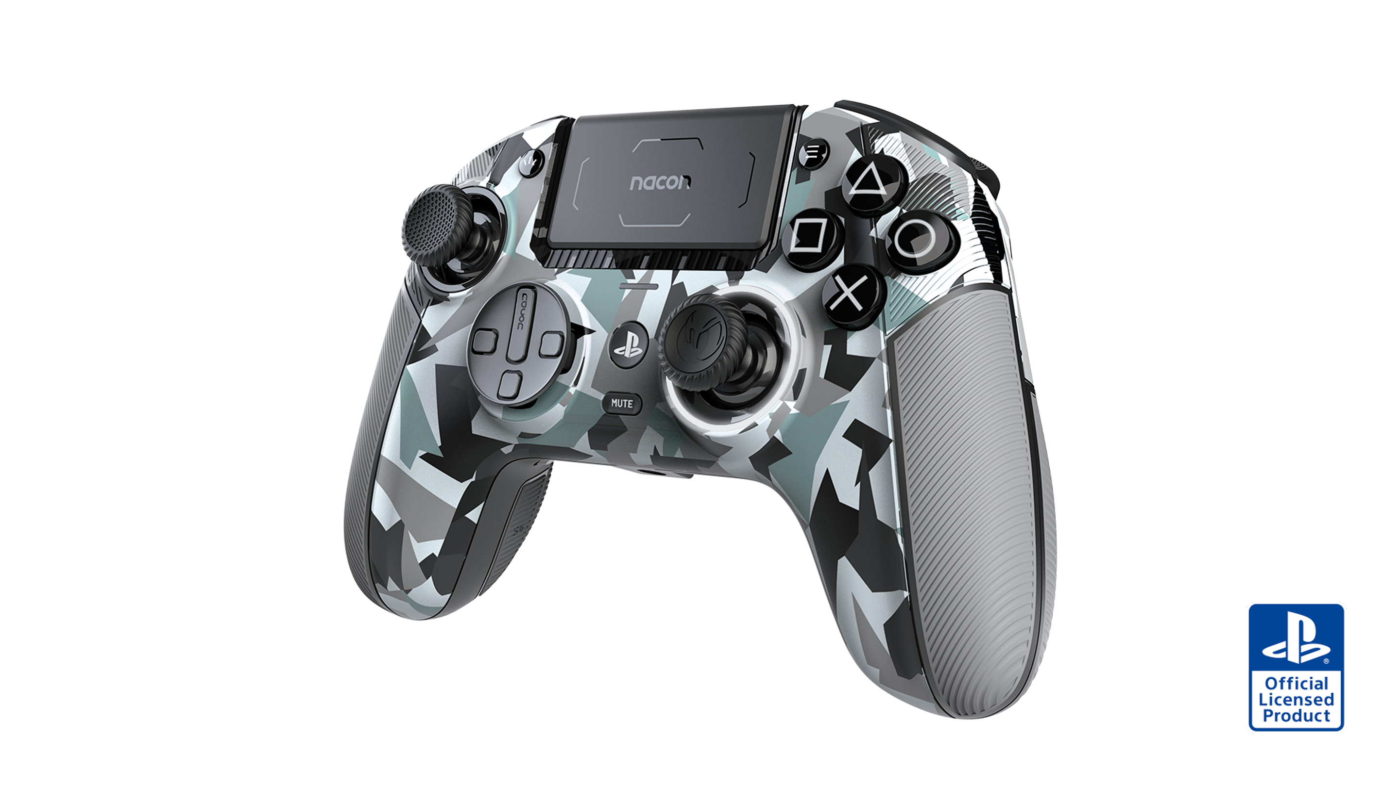 Grauer Tarnmuster-Controller mit schwarzen und hellblauen Akzenten.