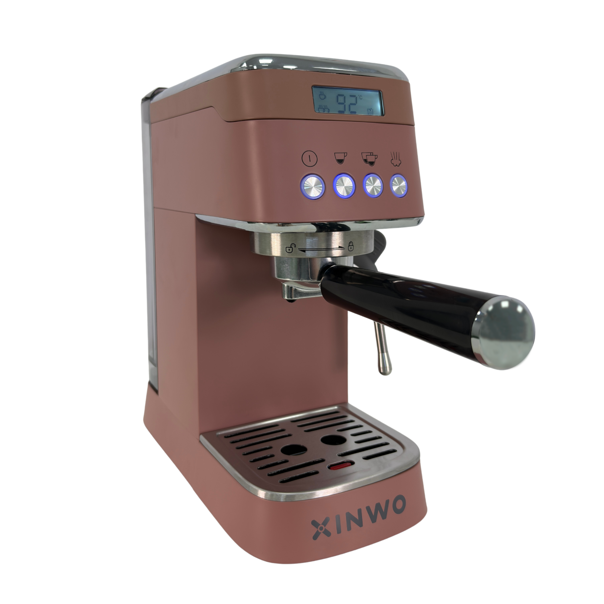 Una máquina de espresso color rosa con detalles plateados y un asa negra.