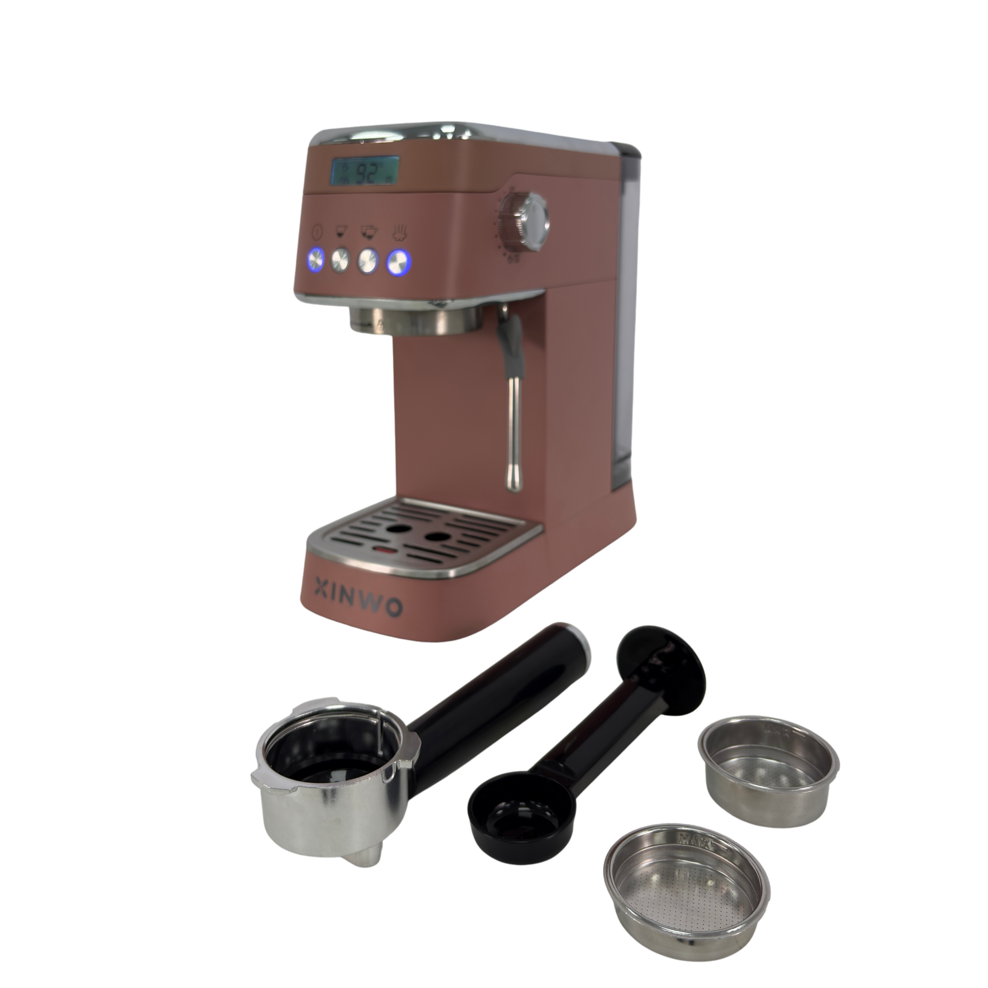 Una cafetera espresso color rosa con accesorios, incluyendo portafiltro y cuchara.