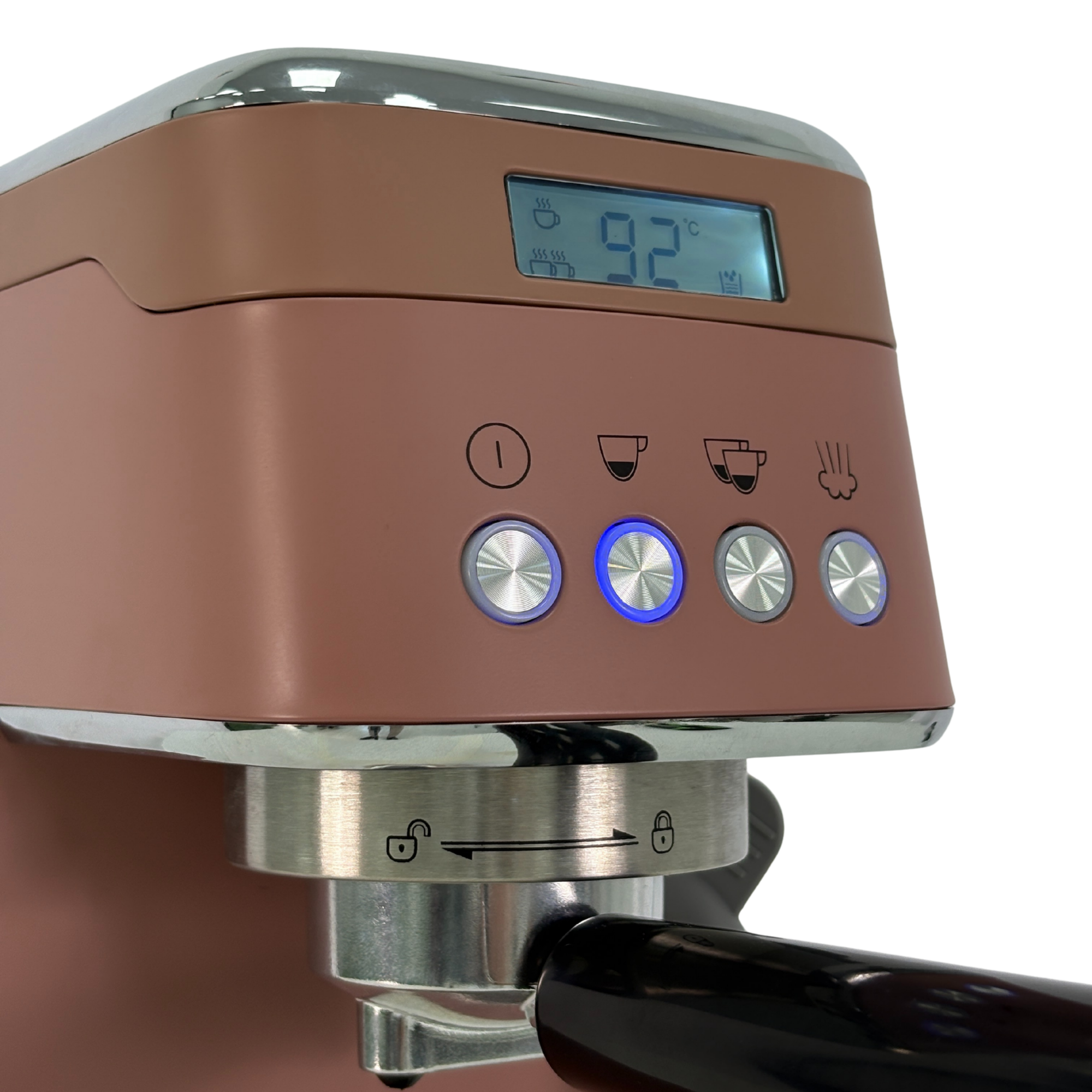 Una cafetera espresso color rosa con controles plateados y pantalla digital que muestra 92C.