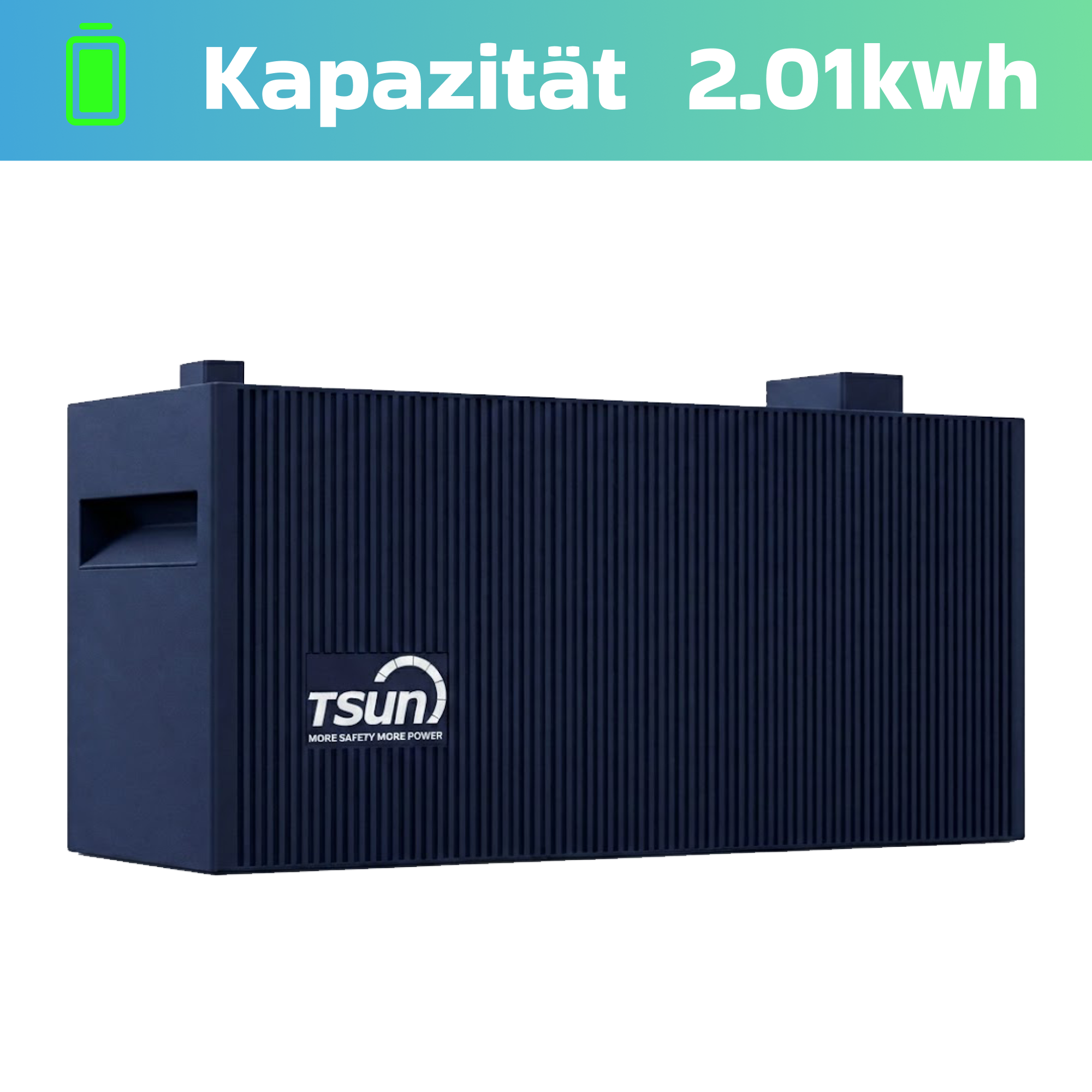Dunkelblauer Energiespeicher mit Rillen und TSUN-Logo, Kapazität 2.01kwh.
