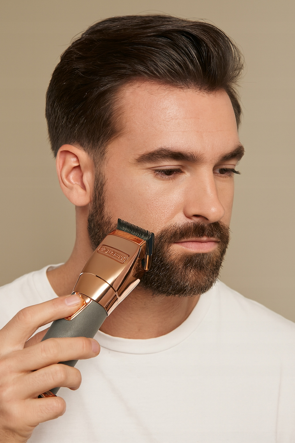 Mężczyzna przycina brodę złotą maszynką na beżowym tle.