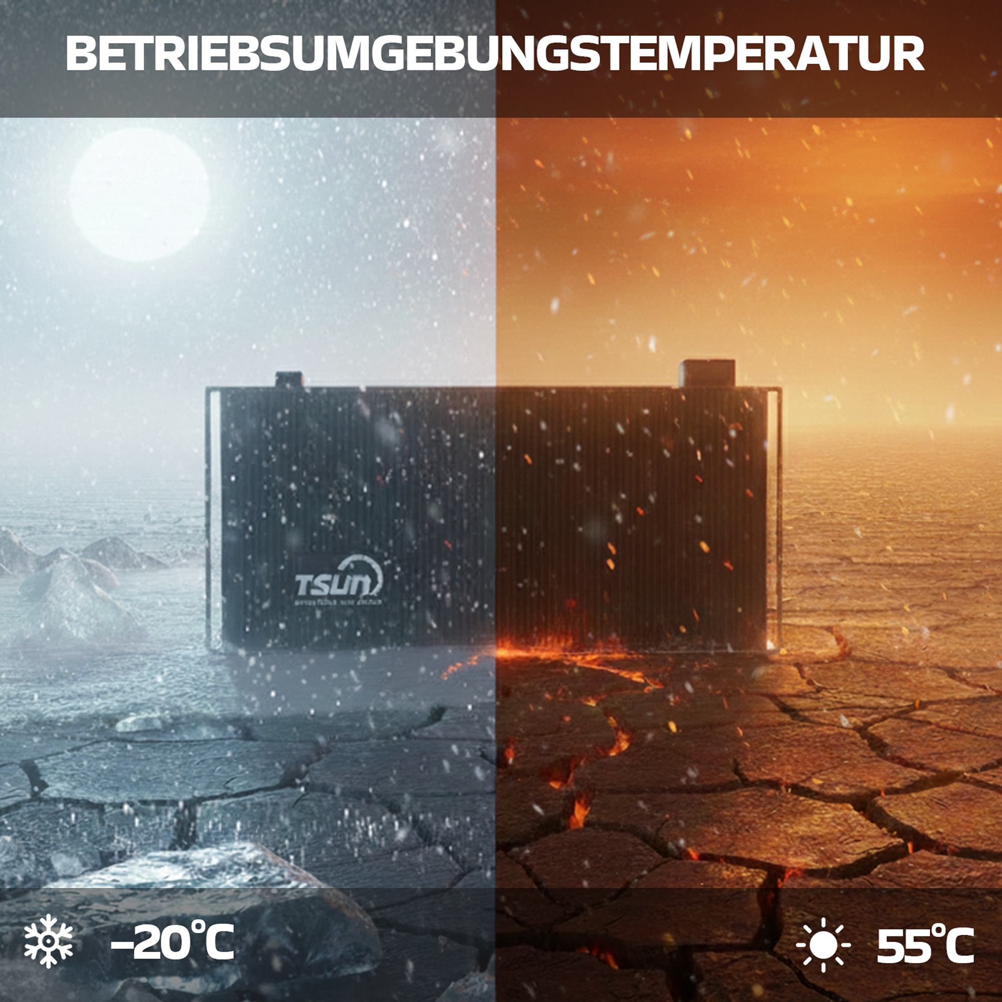 Ein schwarzer Behälter bei -20°C im Schnee und 55°C in der Wüste.