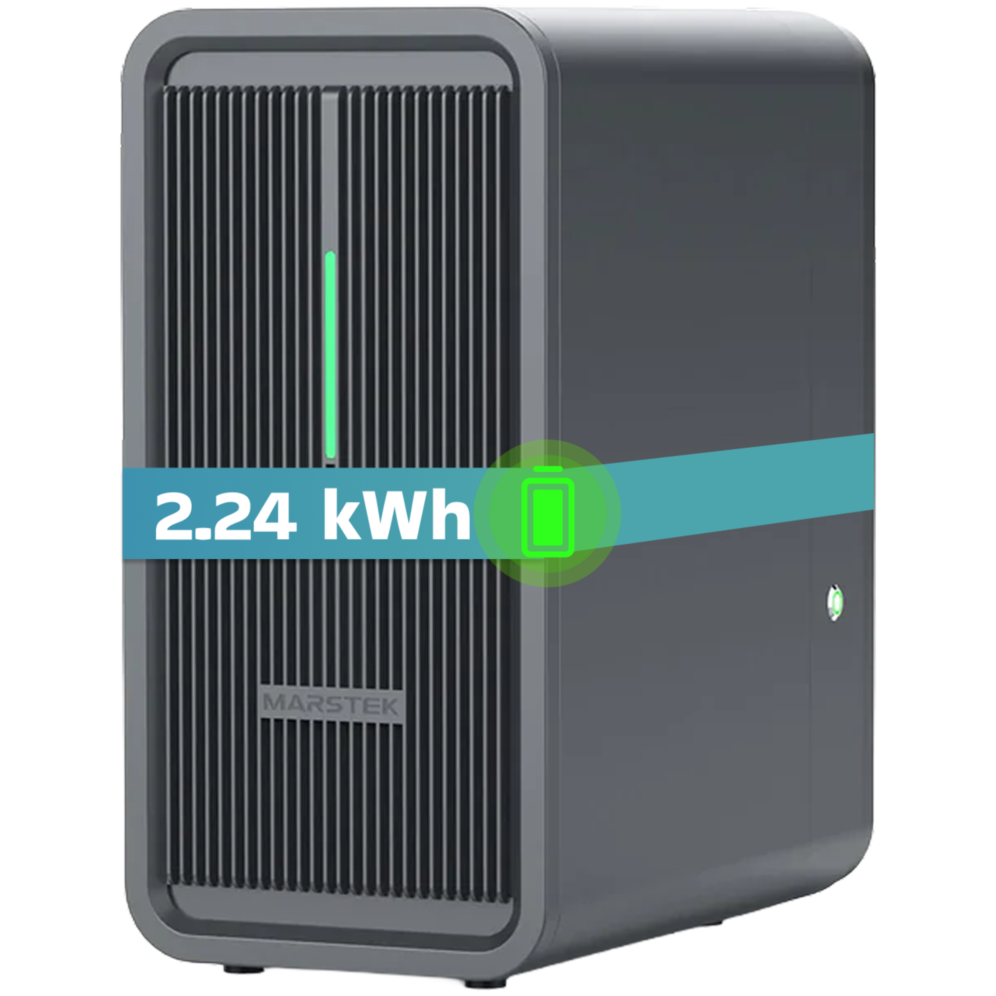 Graues Gerät mit Lüftungsschlitzen, grüner Anzeige und 2,24 kWh.