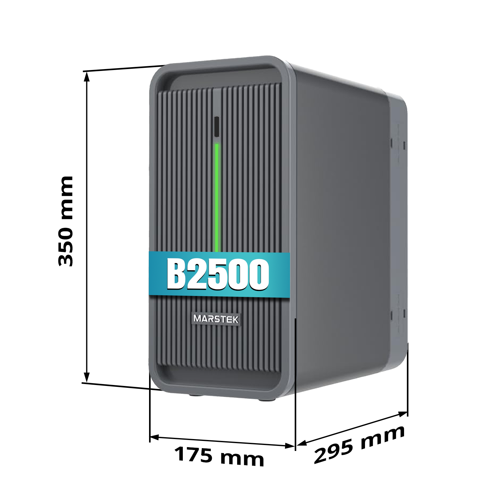 Grauer Marstek B2500 Server mit grüner LED. Maße 175x295x350mm.