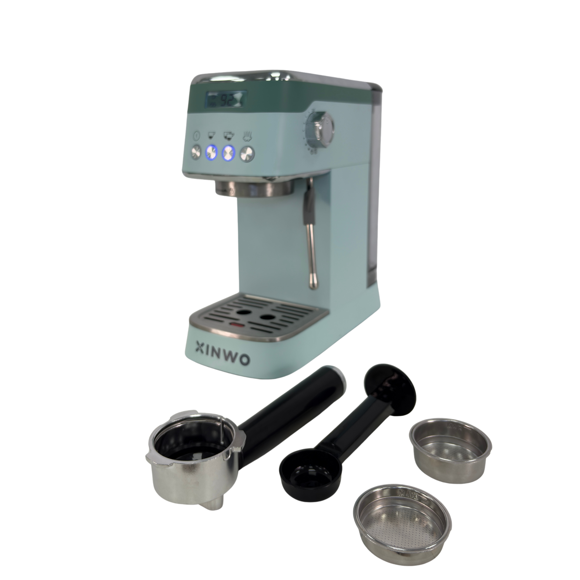 Una cafetera espresso azul claro con detalles verdes y accesorios.