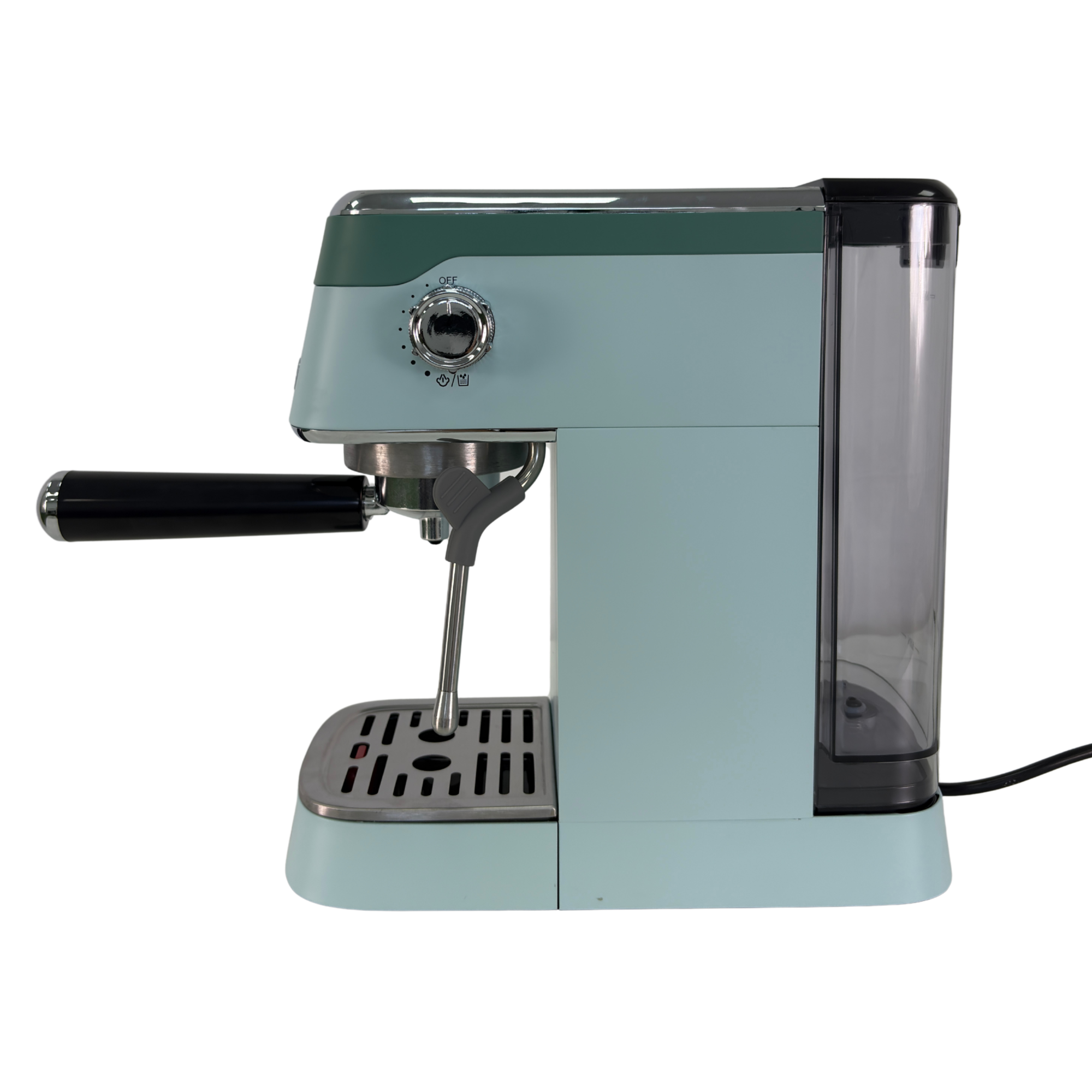 Máquina de espresso azul claro con mango negro y depósito de agua.