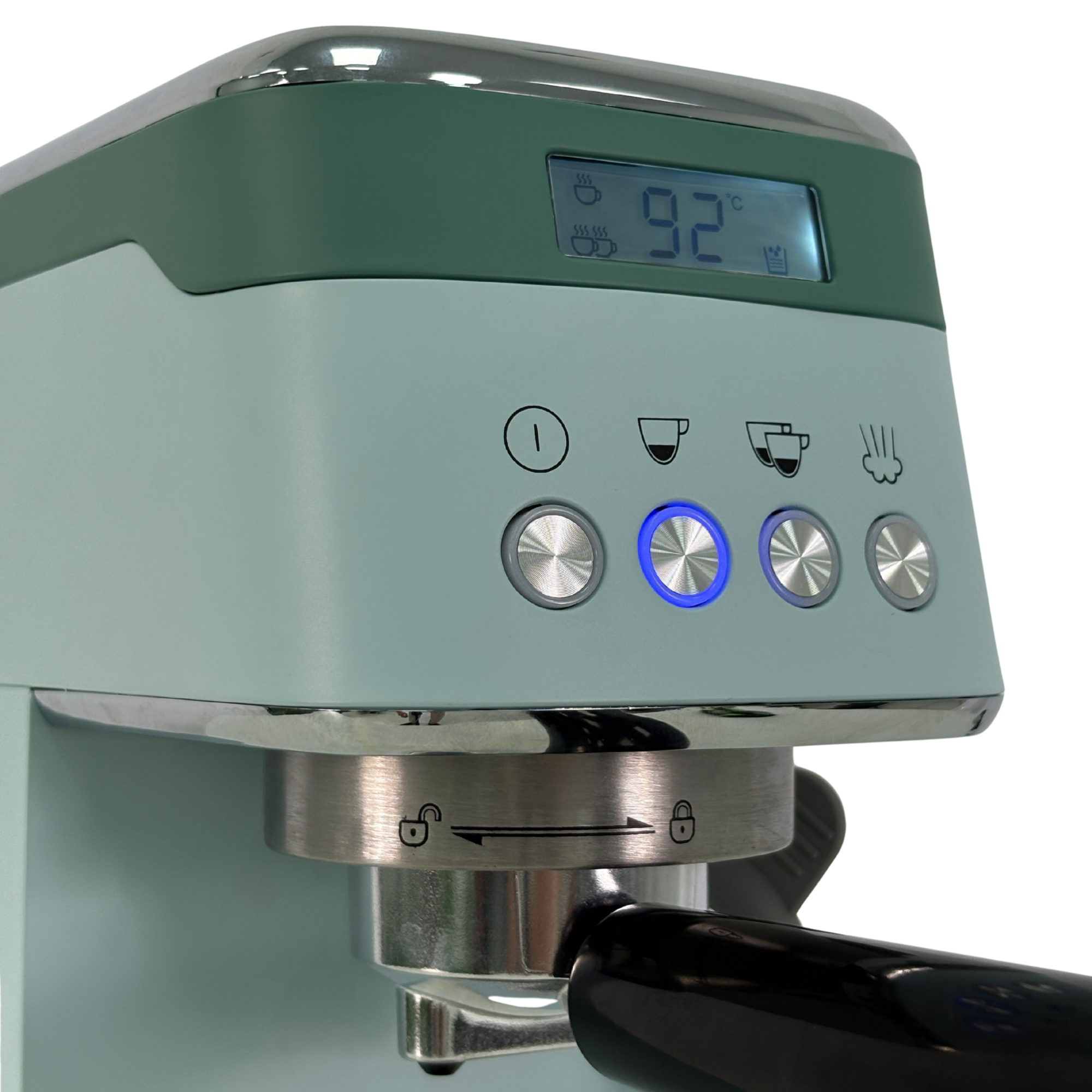 Una cafetera verde y azul claro con pantalla digital que muestra 92°C.