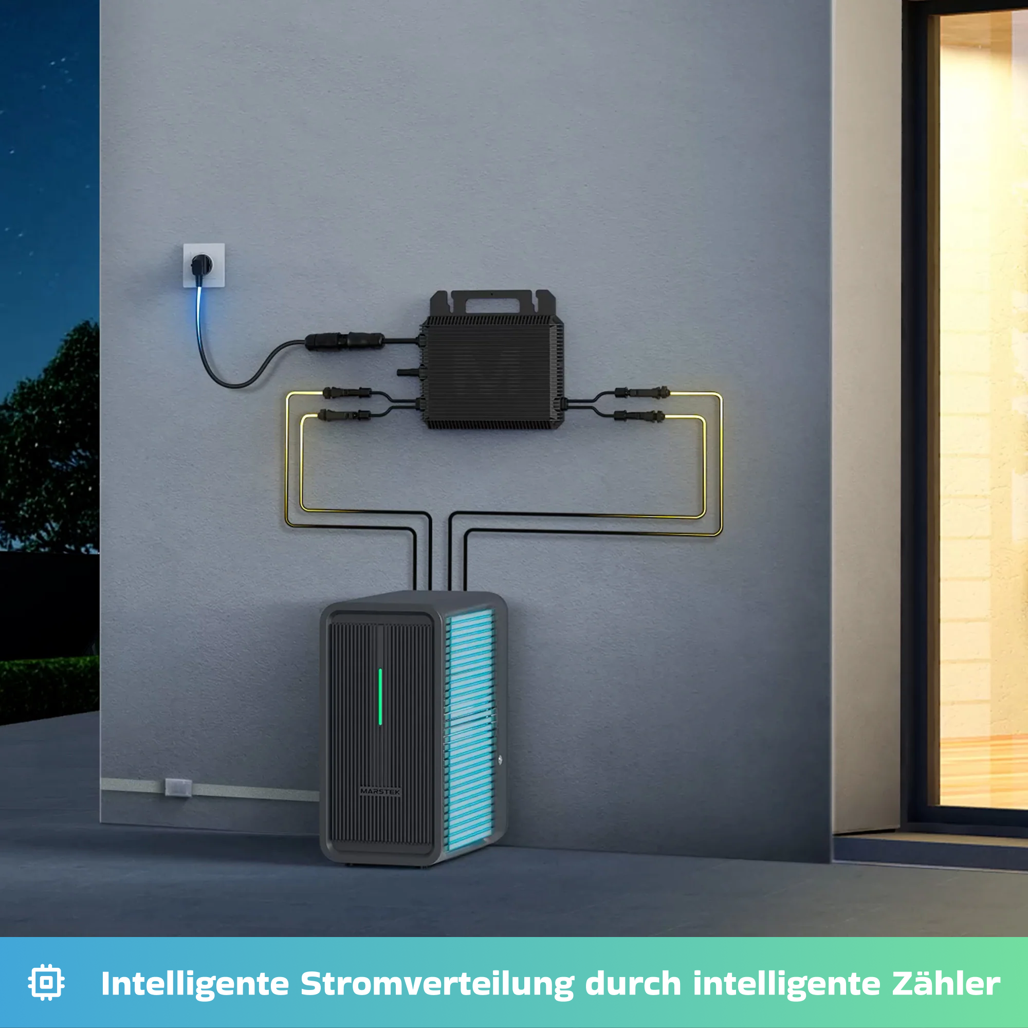 Ein schwarzes Gerät mit blauen Lichtern ist mit einem Wandsteckdose verbunden.
